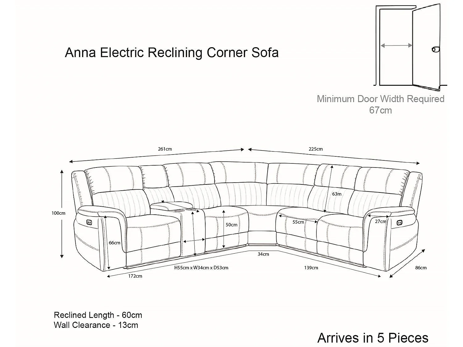 Anna Grey Fabric 5 Seater Electric Recliner Corner Sofa USB
