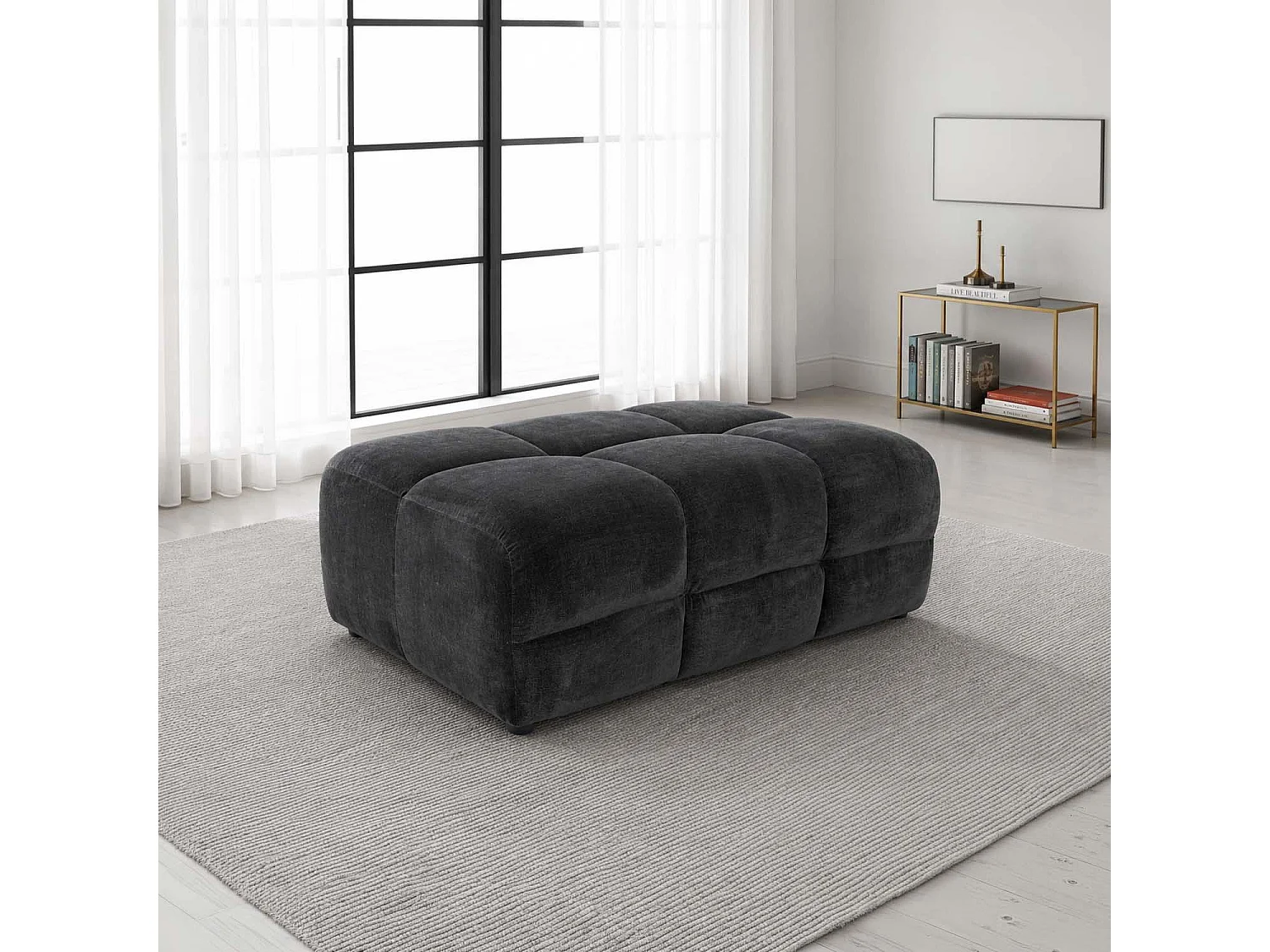 Jenson Black Large Plush Velvet Footstool Ottoman Cross Stitching