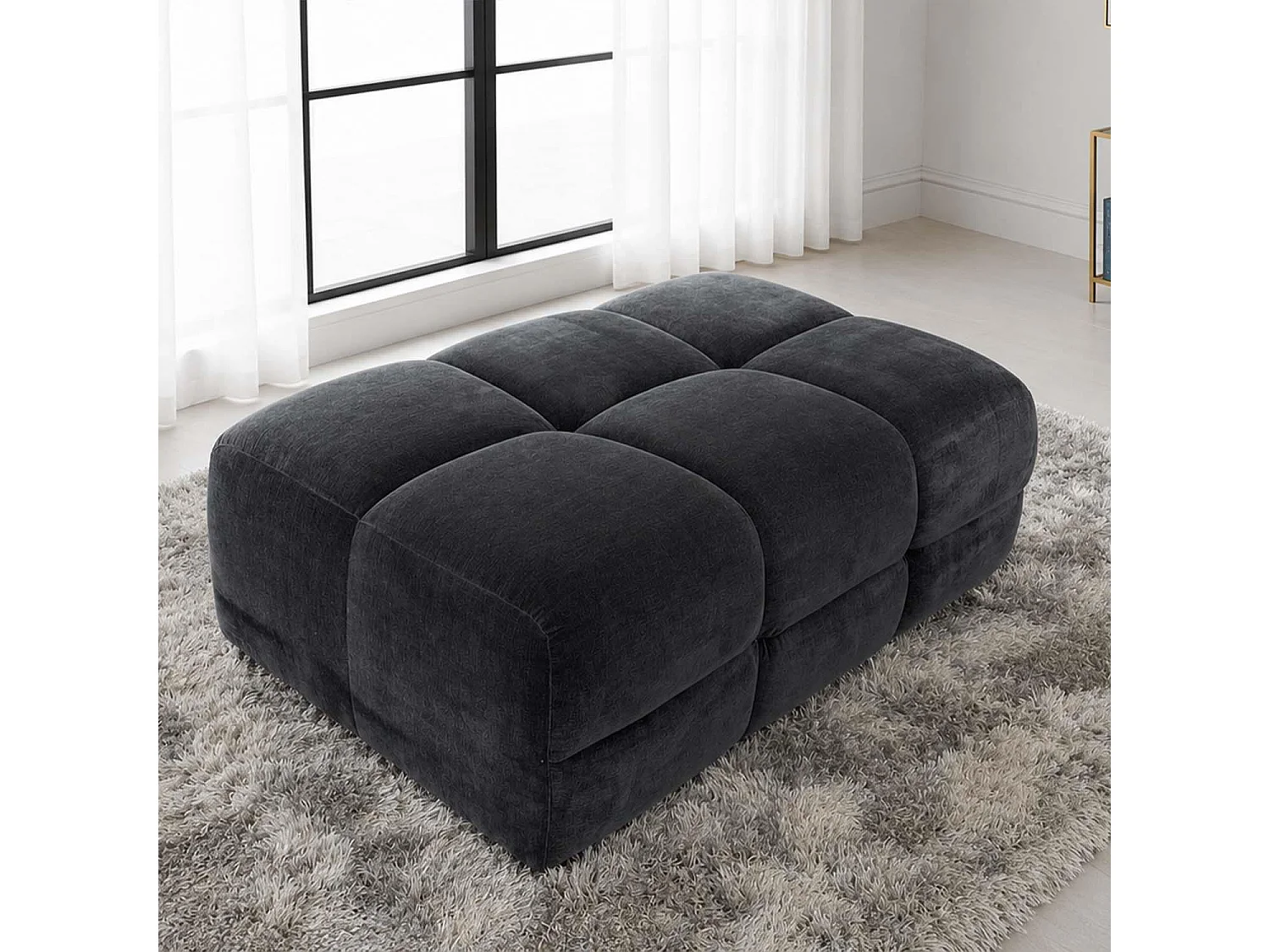 Jenson Black Large Plush Velvet Footstool Ottoman Cross Stitching