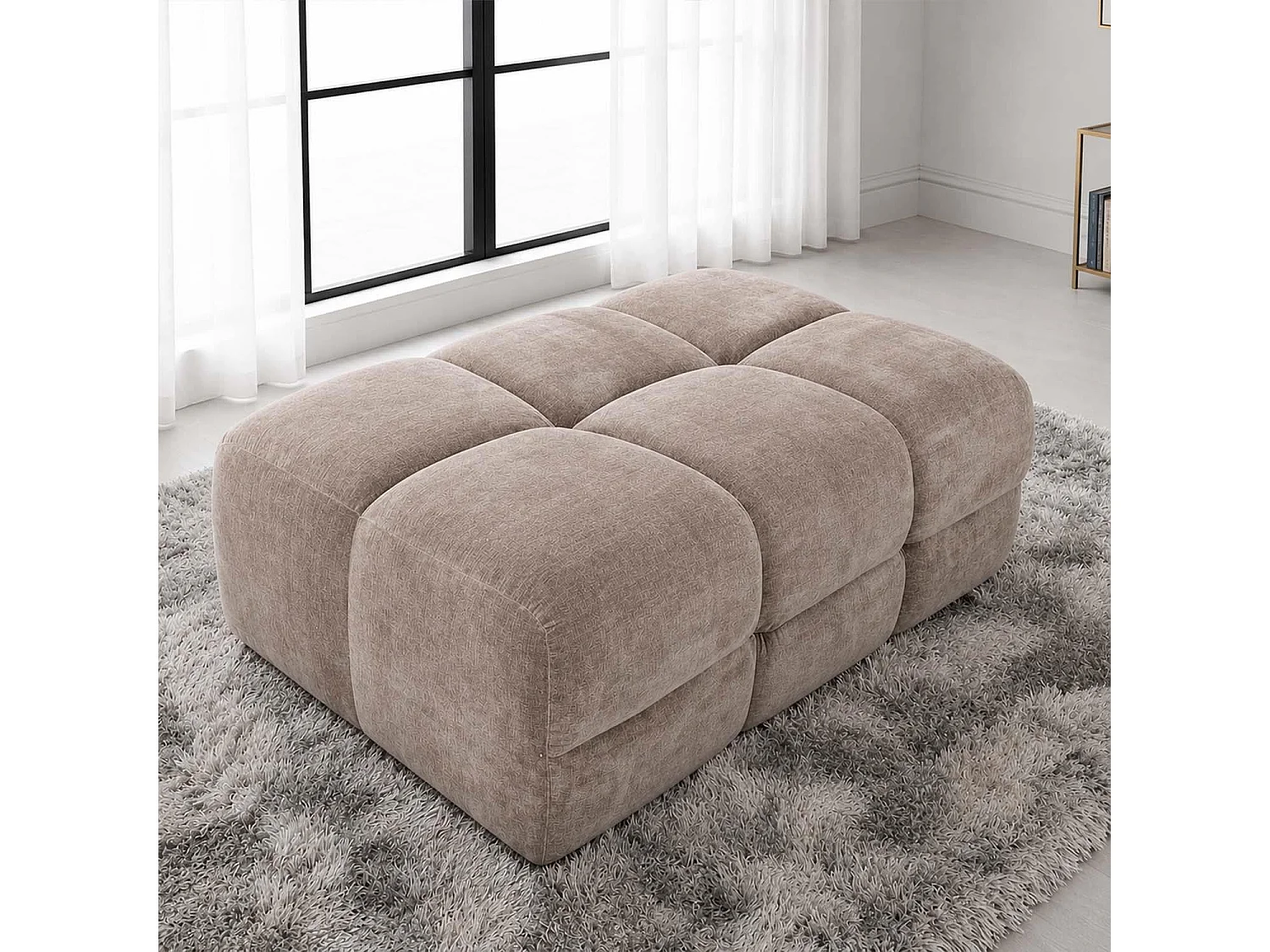 Jenson Beige Large Plush Velvet Footstool Ottoman Cross Stitching