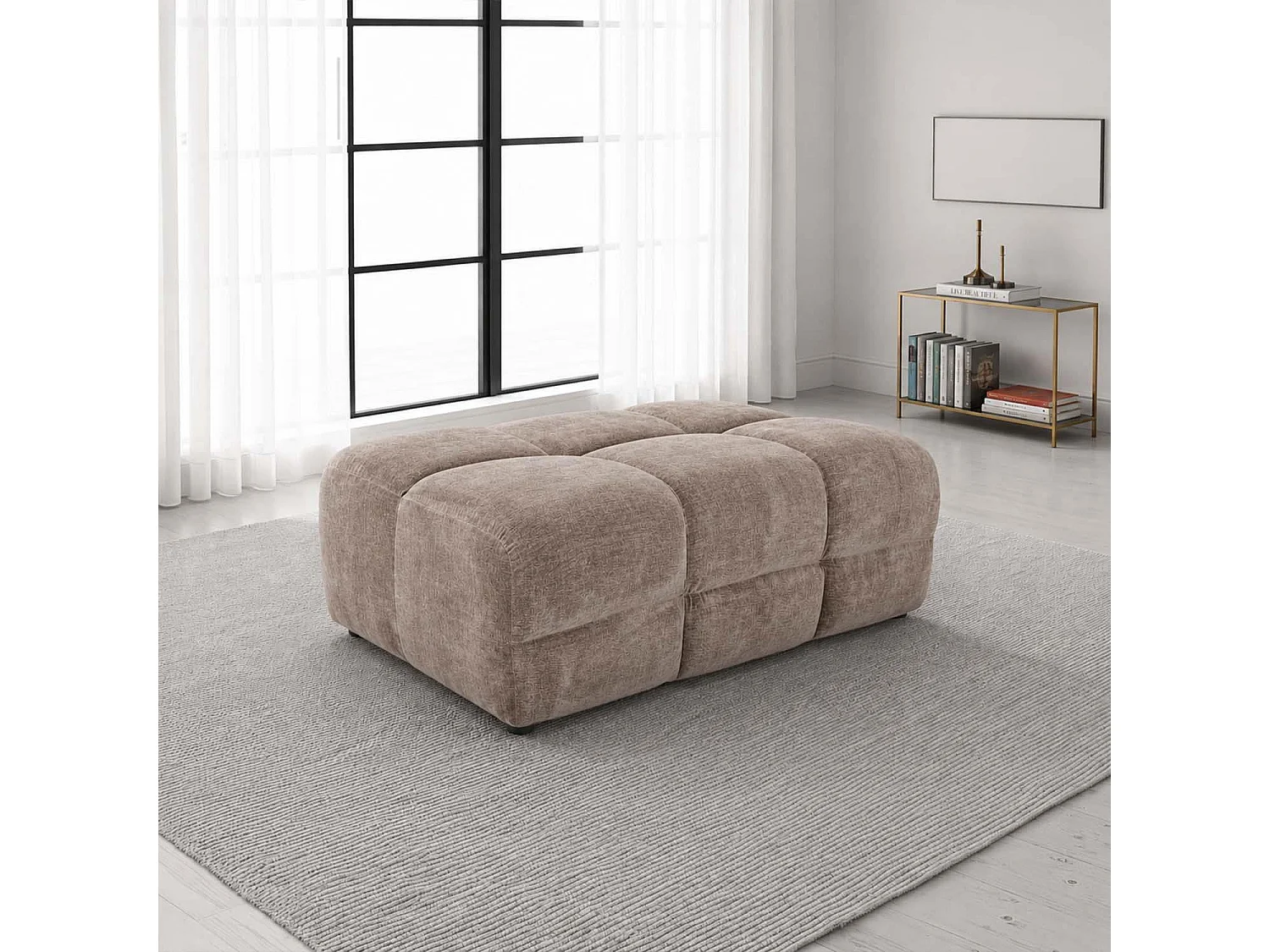 Jenson Beige Large Plush Velvet Footstool Ottoman Cross Stitching