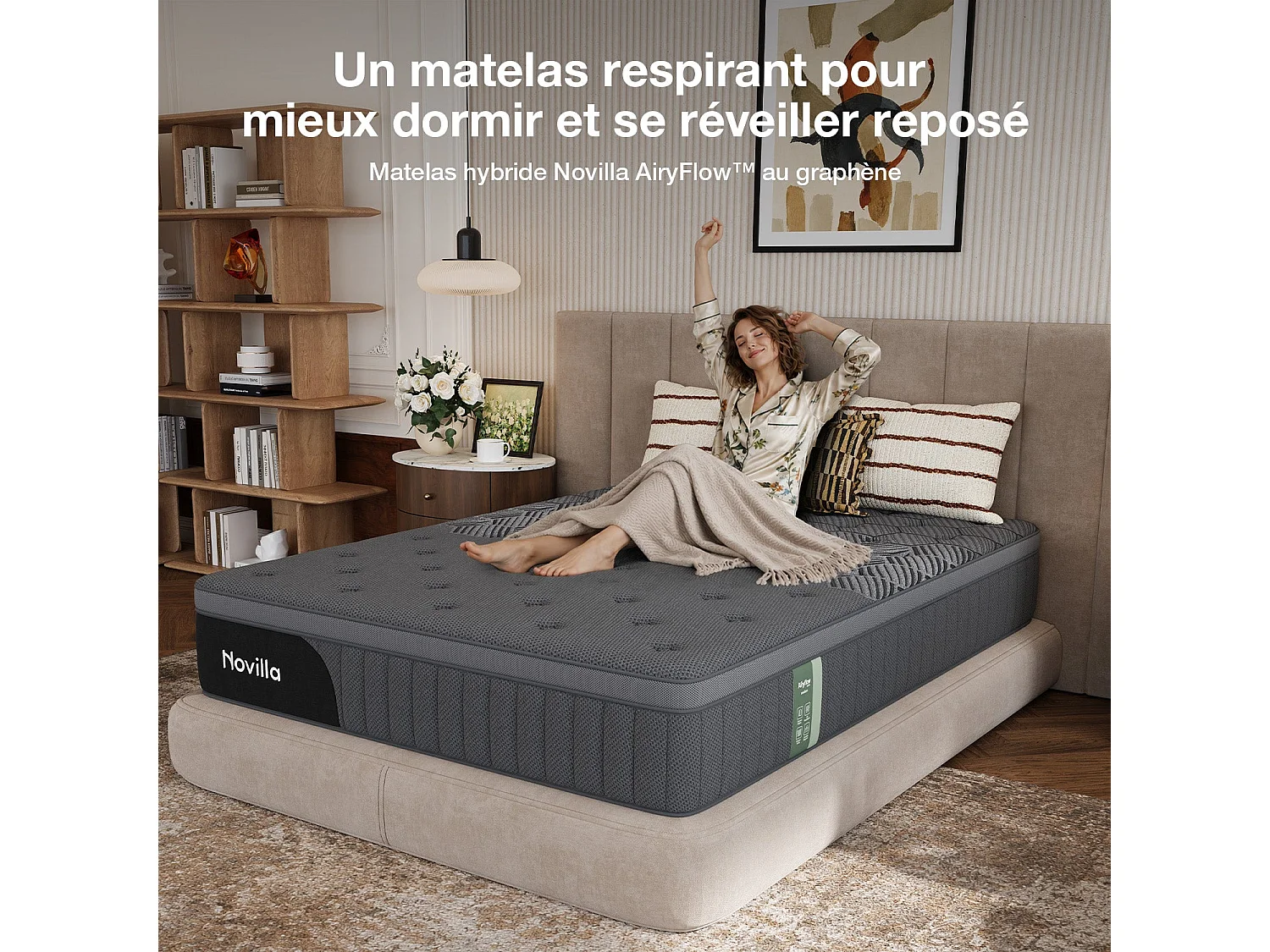 Novilla Matelas 90x190 cm hybride graphène Eurotop 25 cm ressorts ensachés AiryFlow respirant stable couple housse lavable frais