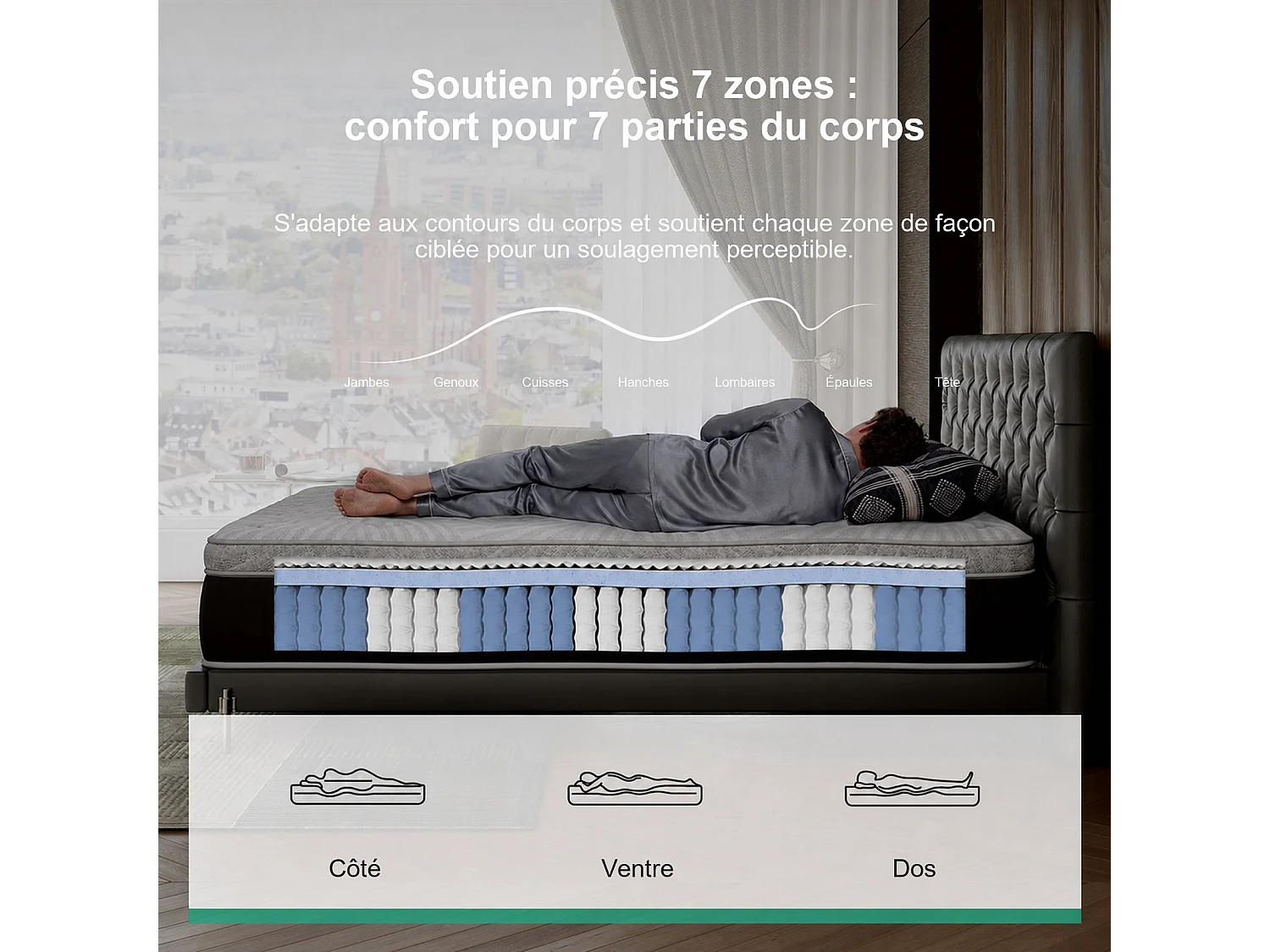 Novilla Matelas en Ressorts 90 x 200 cm, épaisseur 25 cm, réversible, 7 zones, tissu OEKO-TEX