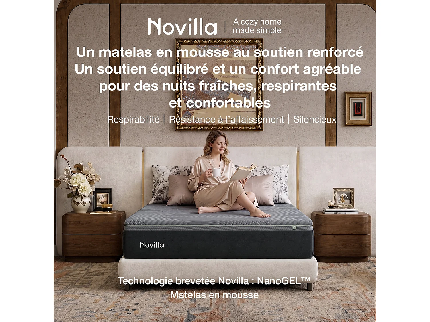 Novilla Matelas 90x190 cm mousse mémoire gel 25 cm respirant soutien mi-ferme charbon bambou thé vert bords stables literie calme