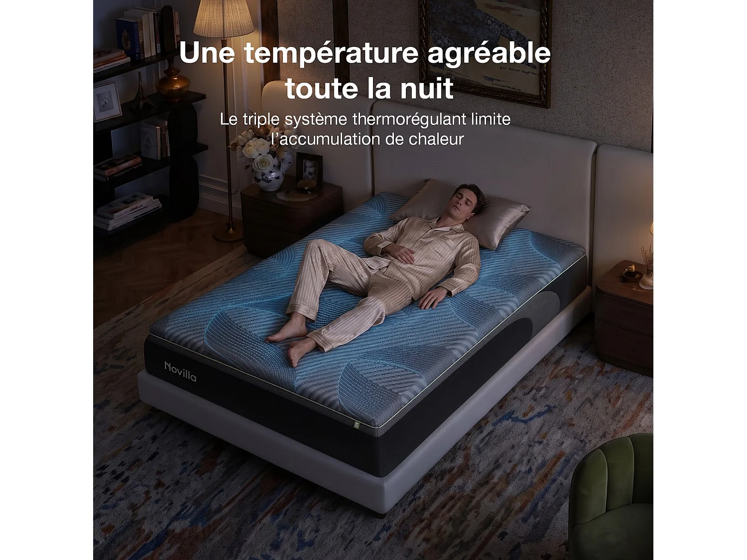 Novilla Matelas 90x190 cm mousse mémoire gel 25 cm respirant soutien mi-ferme charbon bambou thé vert bords stables literie calme