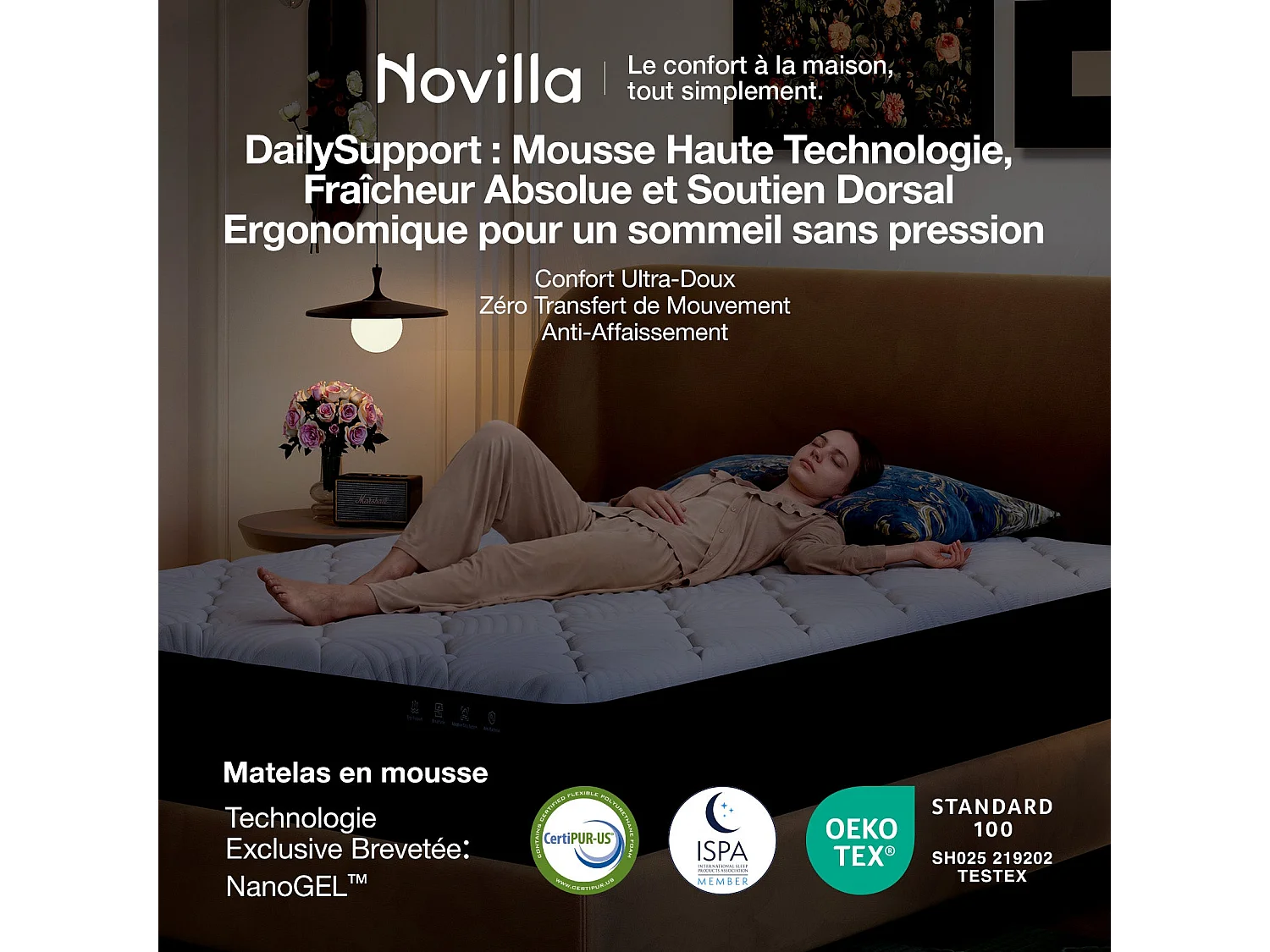 Novilla Matelas en mousse - 90 x 190 cm - Épaisseur 20 cm - Mémoire de forme gel - Réversible - Double fermeté - Housse lavable