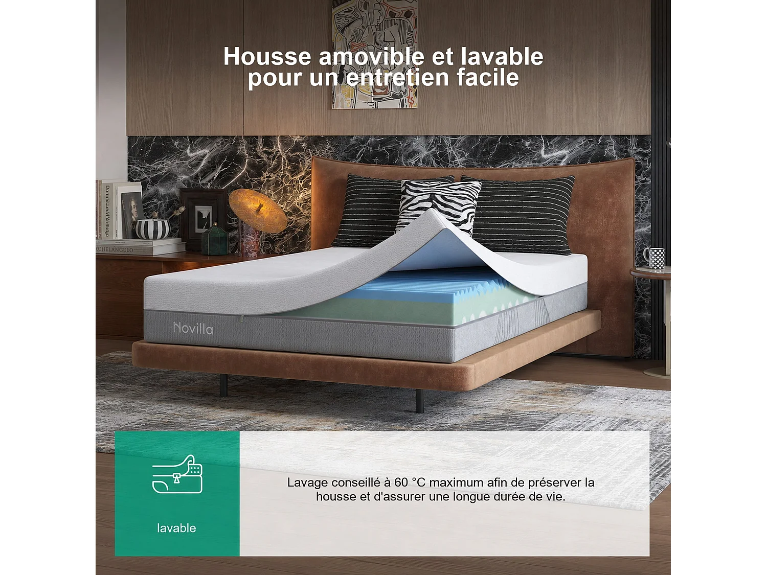 Novilla Matelas en mousse 160 x 200 cm, épaisseur 30 cm, réversible, 7 zones, housse lavable, mousse CertiPUR-US, tissu OEKO-TEX