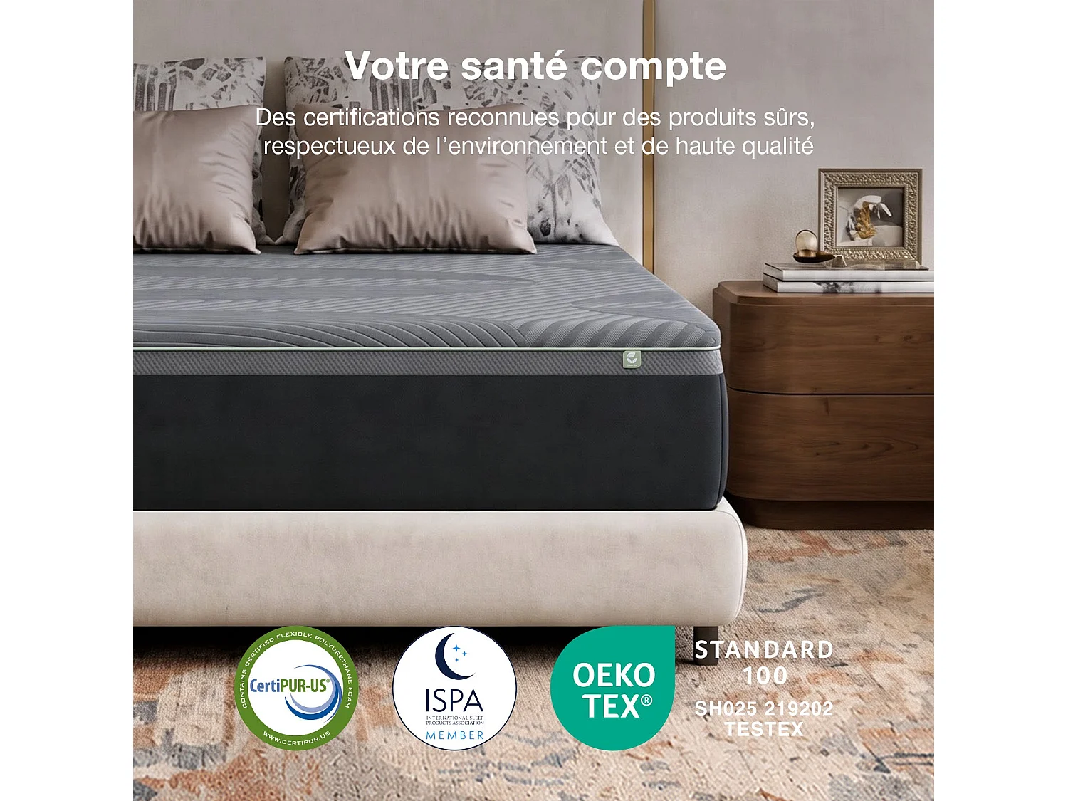 Novilla Matelas 140x190 cm mousse mémoire gel 25 cm respirant soutien mi-ferme charbon bambou thé vert bords stables literie calme