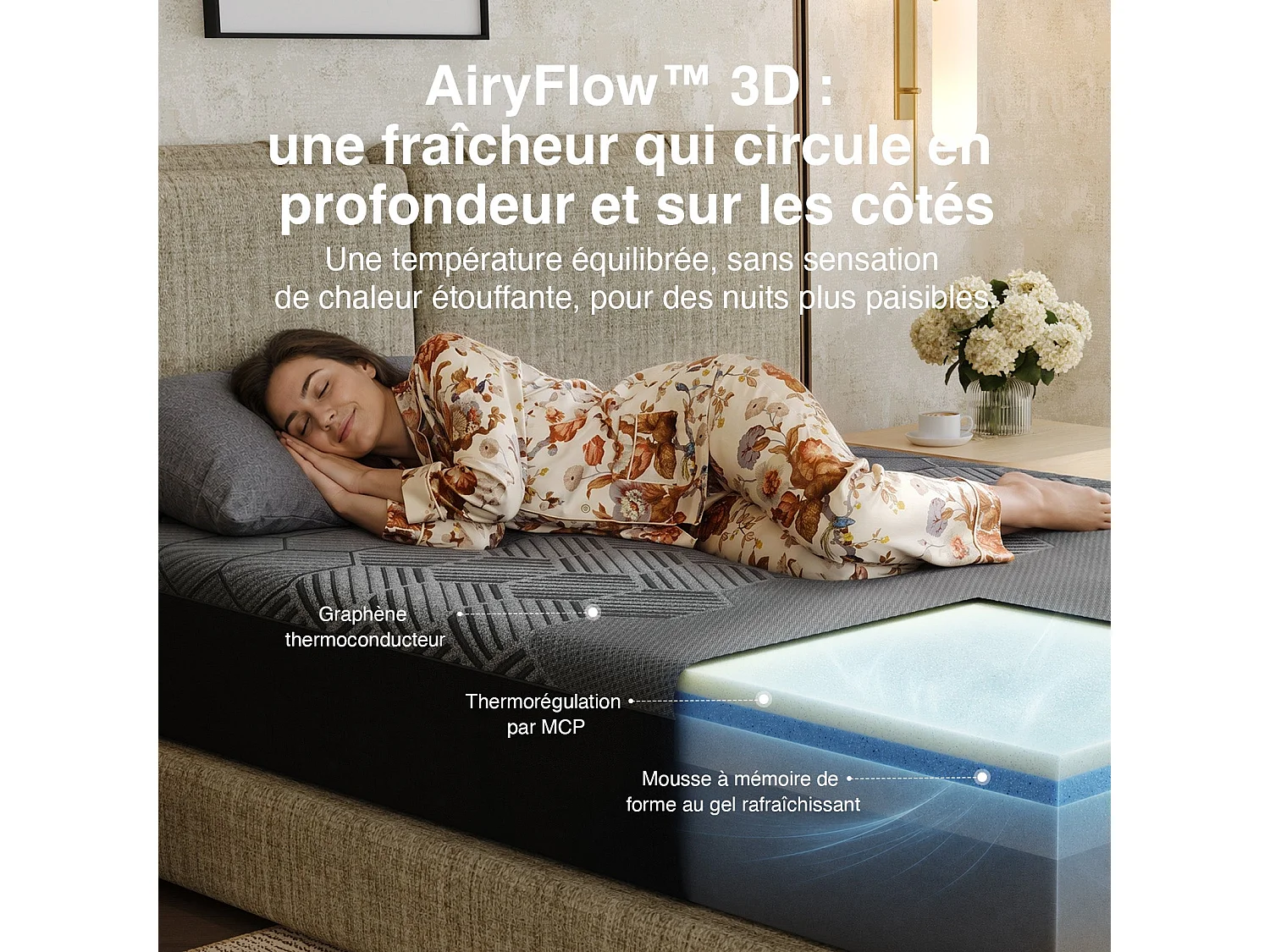 Novilla Matelas 160x200 cm mémoire de forme graphène AiryFlow 25 cm mousse respirante soutien 3 zones medium ferme housse lavable