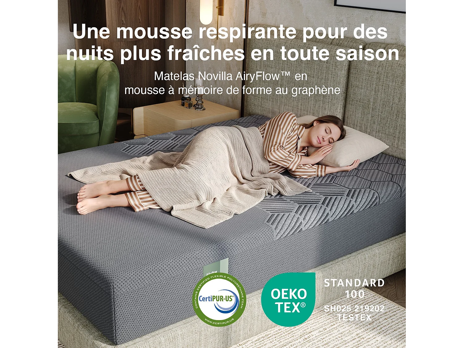 Novilla Matelas 140x190 cm mémoire de forme graphène AiryFlow 30 cm mousse respirante soutien 3 zones medium ferme housse lavable