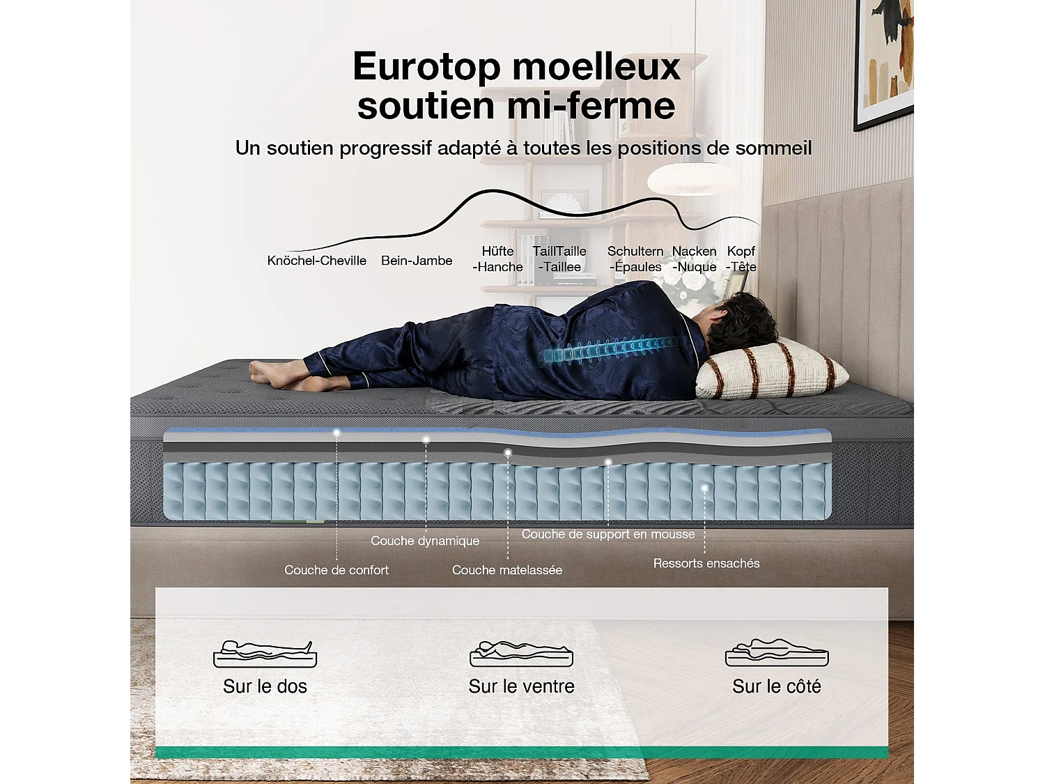 Novilla Matelas 140x190 cm hybride graphène Eurotop 25 cm ressorts ensachés AiryFlow respirant stable couple housse lavable frais