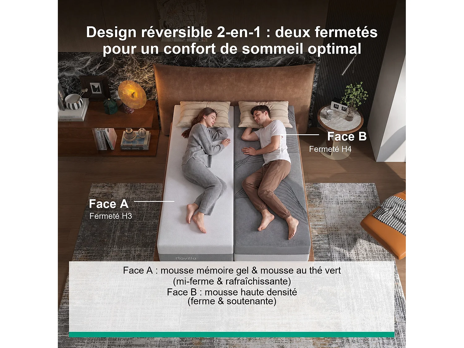 Novilla Matelas en mousse 180 x 200 cm, épaisseur 25 cm, réversible, 7 zones, housse lavable, mousse CertiPUR-US, tissu OEKO-TEX