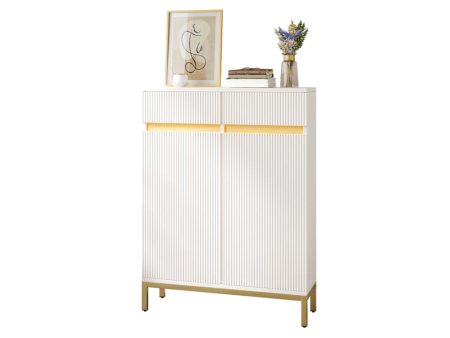 Schoenenkast met 2 deuren, 2 lades, verstelbare planken en ledverlichting - MDF en spaanplaat - 80 x 35 x 103 cm - Wit