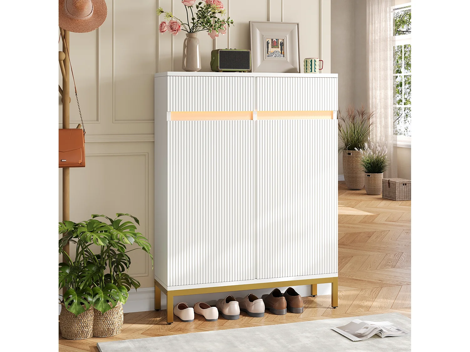 Schoenenkast met 2 deuren, 2 lades, verstelbare planken en ledverlichting - MDF en spaanplaat - 80 x 35 x 103 cm - Wit