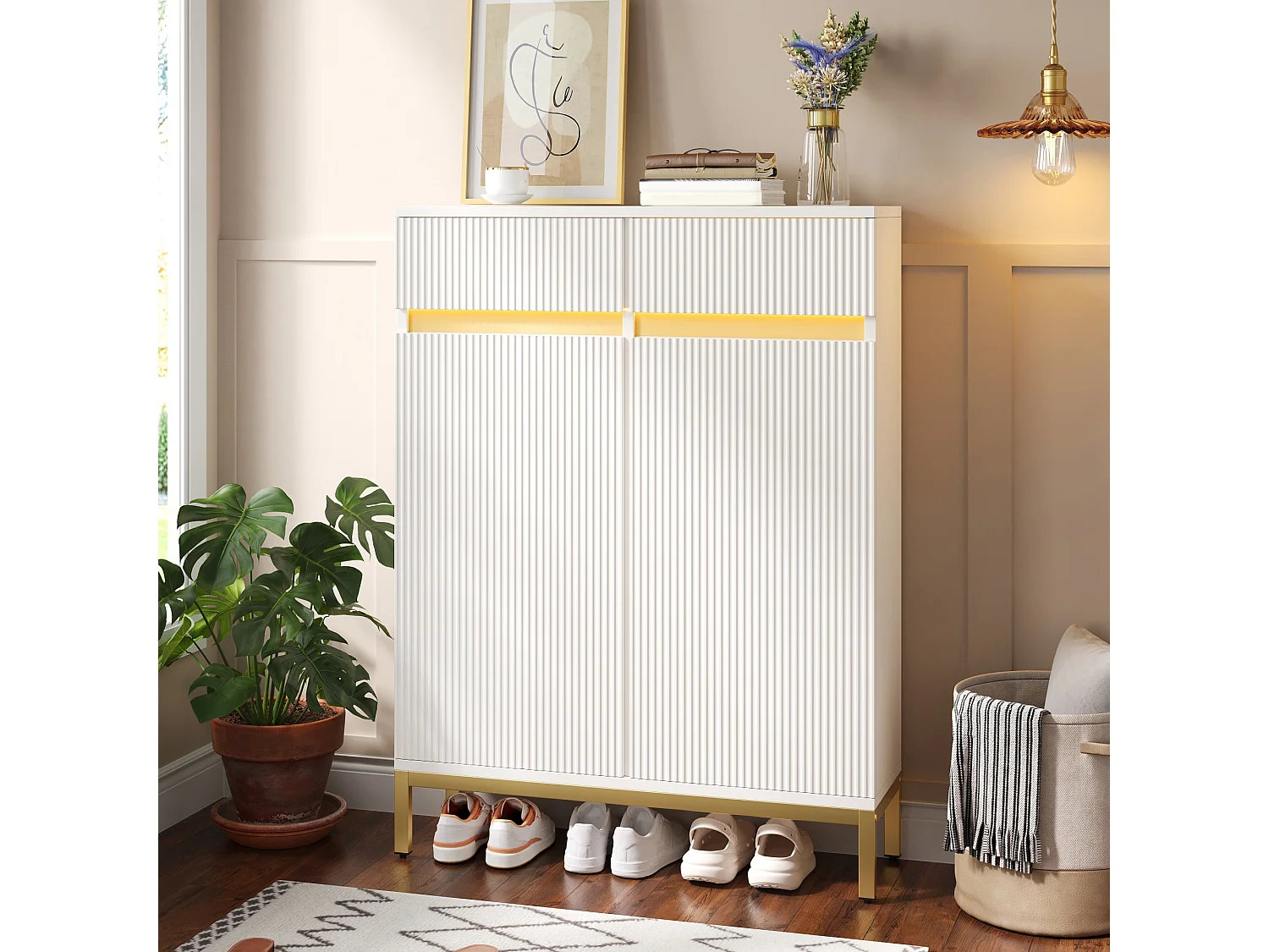 Schoenenkast met 2 deuren, 2 lades, verstelbare planken en ledverlichting - MDF en spaanplaat - 80 x 35 x 103 cm - Wit