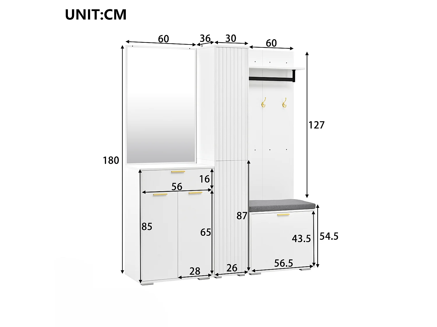 Schoenenkast met spiegel, bankje, kledingstang, 4 deuren en 1 lade - MDF en spaanplaat - 150 x 36 x 180 cm - Wit