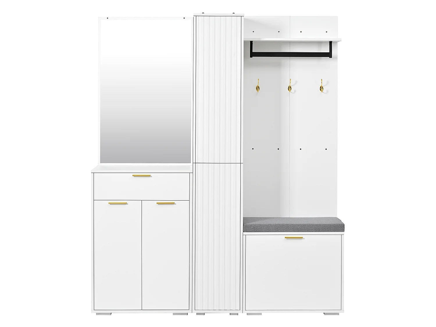 Schoenenkast met spiegel, bankje, kledingstang, 4 deuren en 1 lade - MDF en spaanplaat - 150 x 36 x 180 cm - Wit