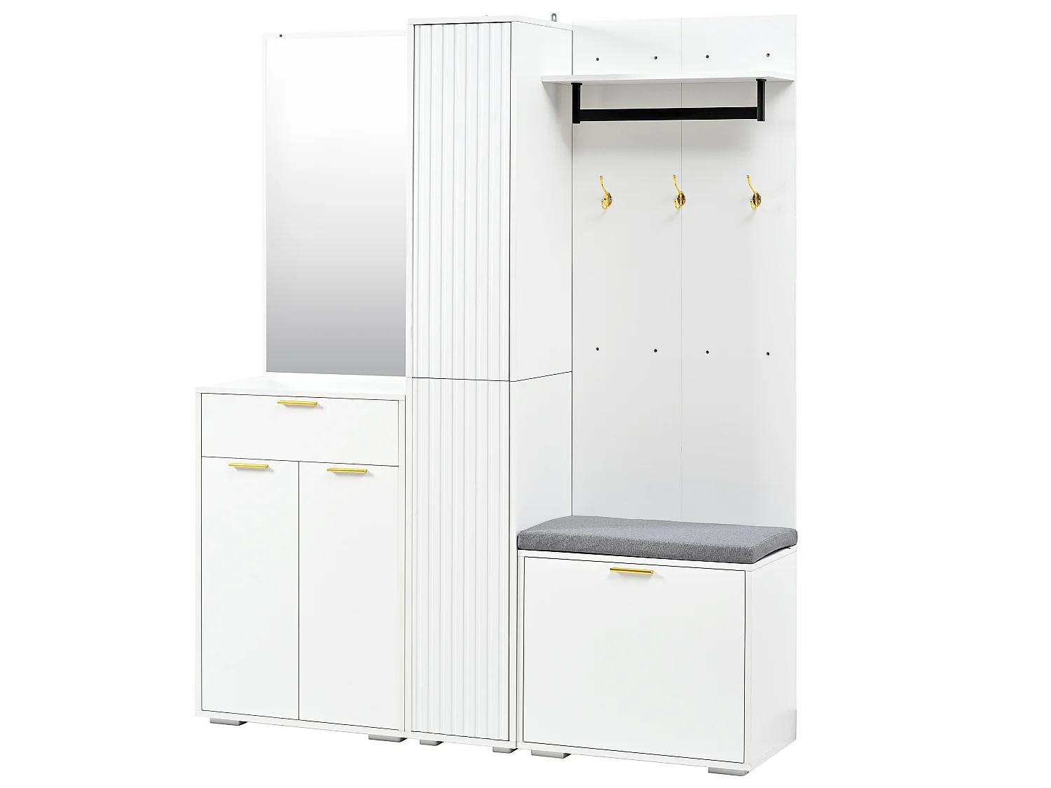 Schoenenkast met spiegel, bankje, kledingstang, 4 deuren en 1 lade - MDF en spaanplaat - 150 x 36 x 180 cm - Wit