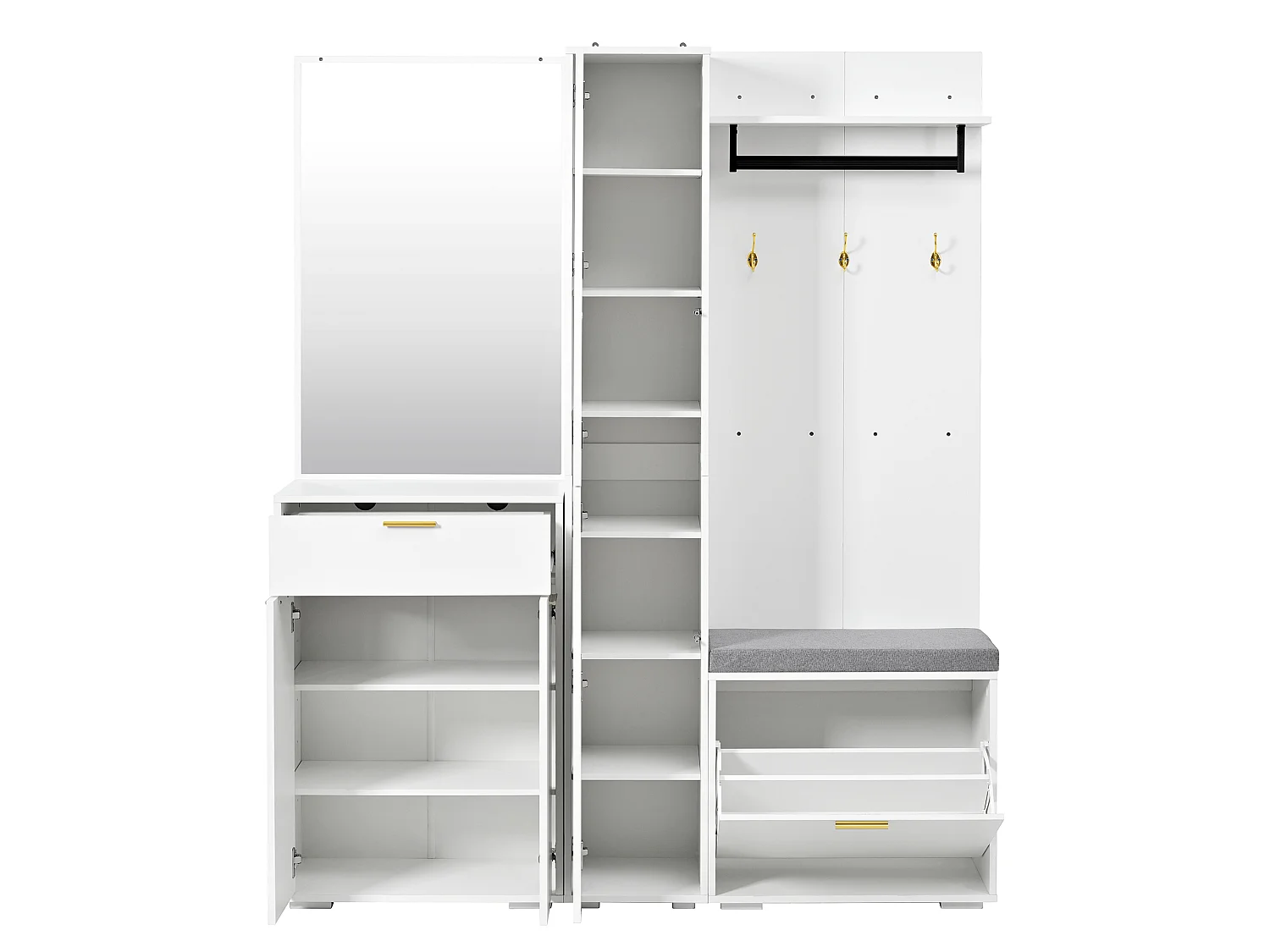 Schoenenkast met spiegel, bankje, kledingstang, 4 deuren en 1 lade - MDF en spaanplaat - 150 x 36 x 180 cm - Wit