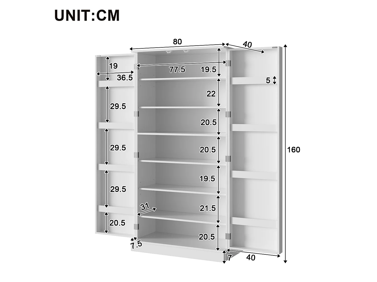 Hoge schoenenkast met 2 deuren en verstelbare planken - Spaanplaat - 80 x 40 x 160 cm - Wit