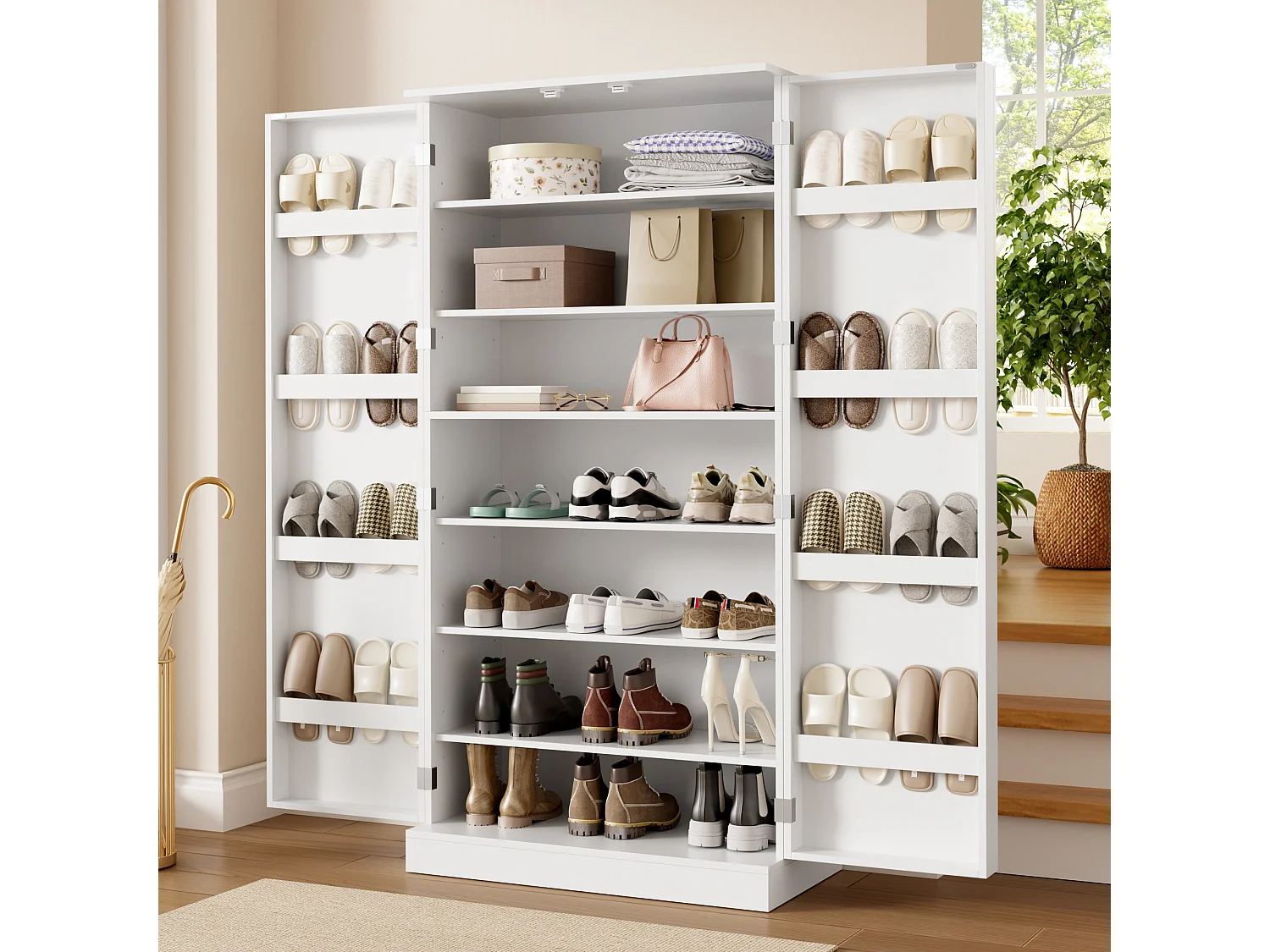 Hoge schoenenkast met 2 deuren en verstelbare planken - Spaanplaat - 80 x 40 x 160 cm - Wit