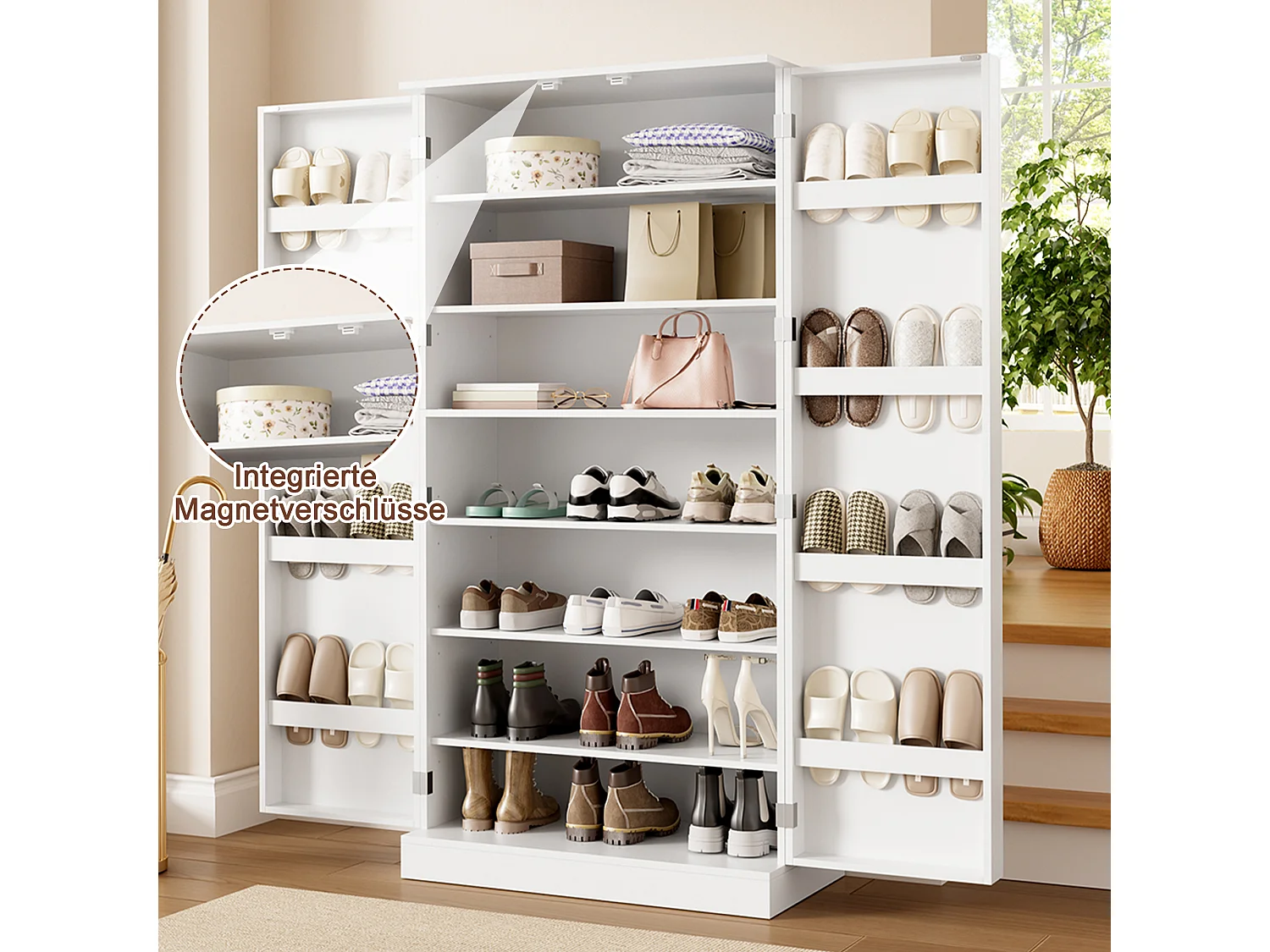 Hoge schoenenkast met 2 deuren en verstelbare planken - Spaanplaat - 80 x 40 x 160 cm - Wit