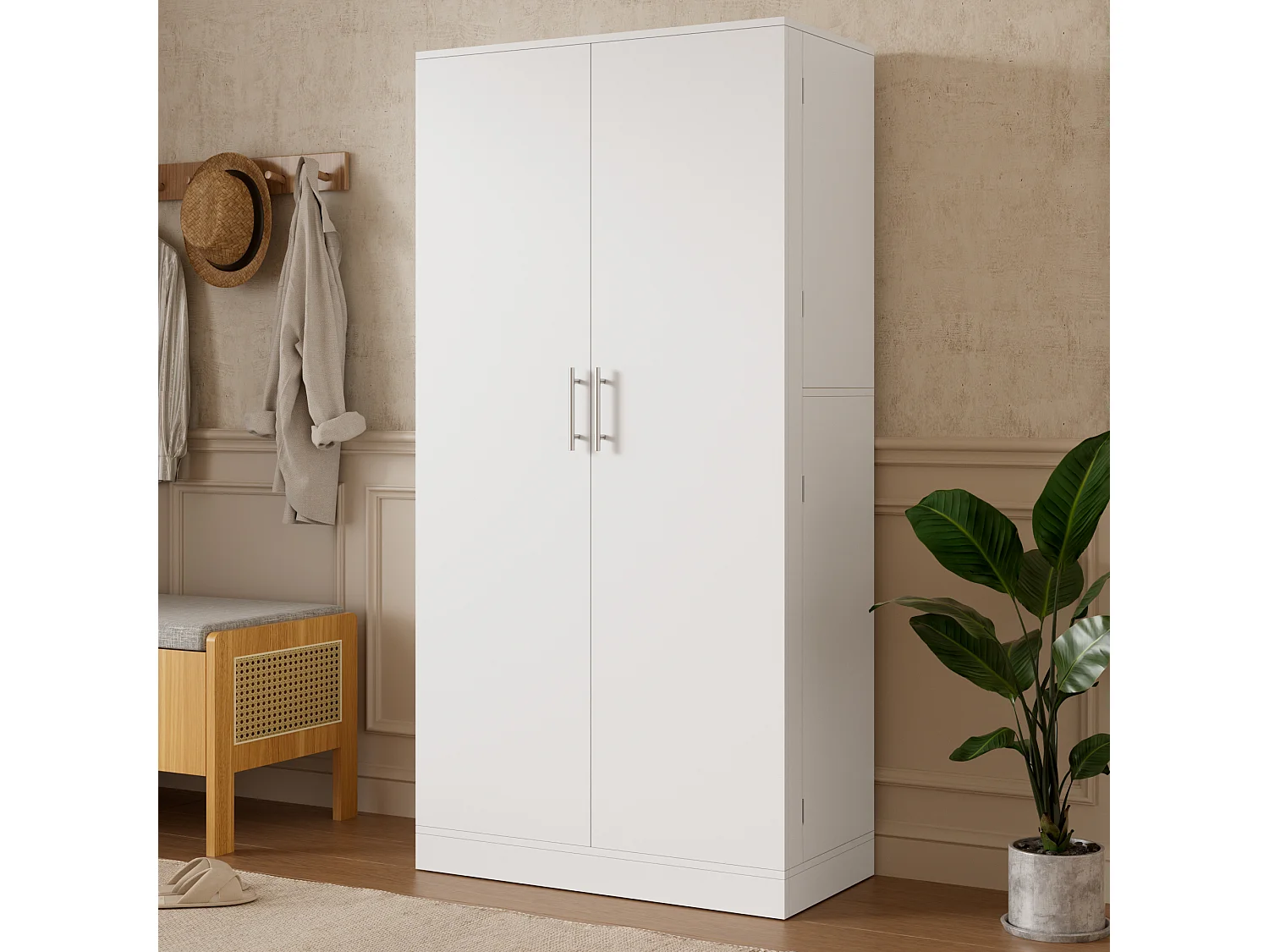 Hoge schoenenkast met 2 deuren en verstelbare planken - Spaanplaat - 80 x 40 x 160 cm - Wit