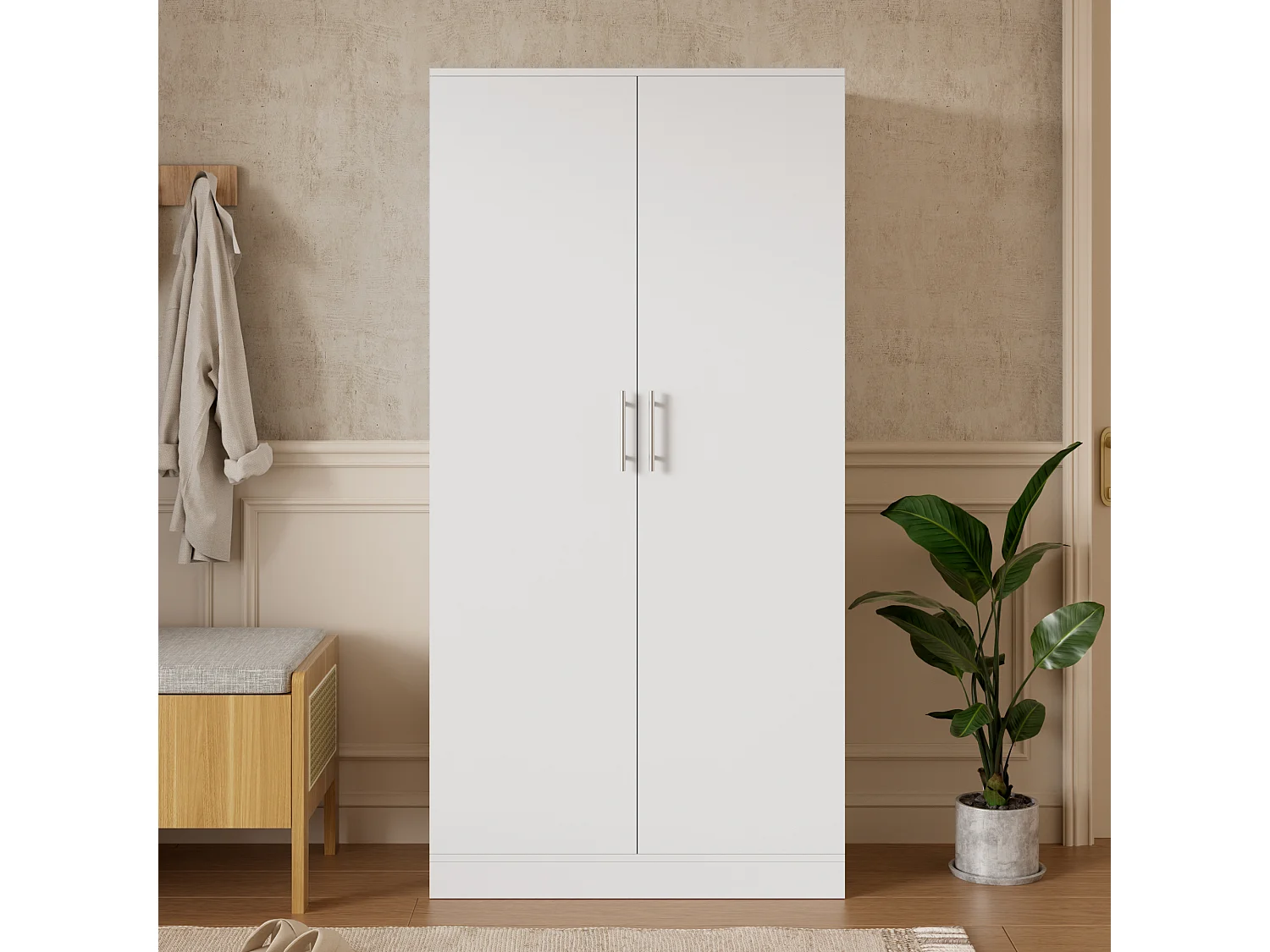 Hoge schoenenkast met 2 deuren en verstelbare planken - Spaanplaat - 80 x 40 x 160 cm - Wit