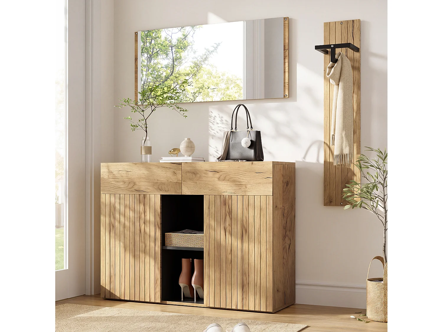 Skoskab med spejl, bøjlestang, 2 døre og 2 skuffer - MDF og spånplade - 125 x 35 x 178 cm - Natur og sort