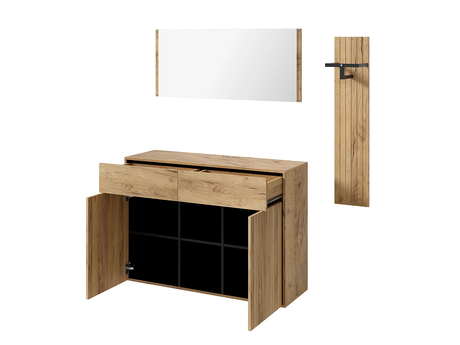Skoskab med spejl, bøjlestang, 2 døre og 2 skuffer - MDF og spånplade - 125 x 35 x 178 cm - Natur og sort