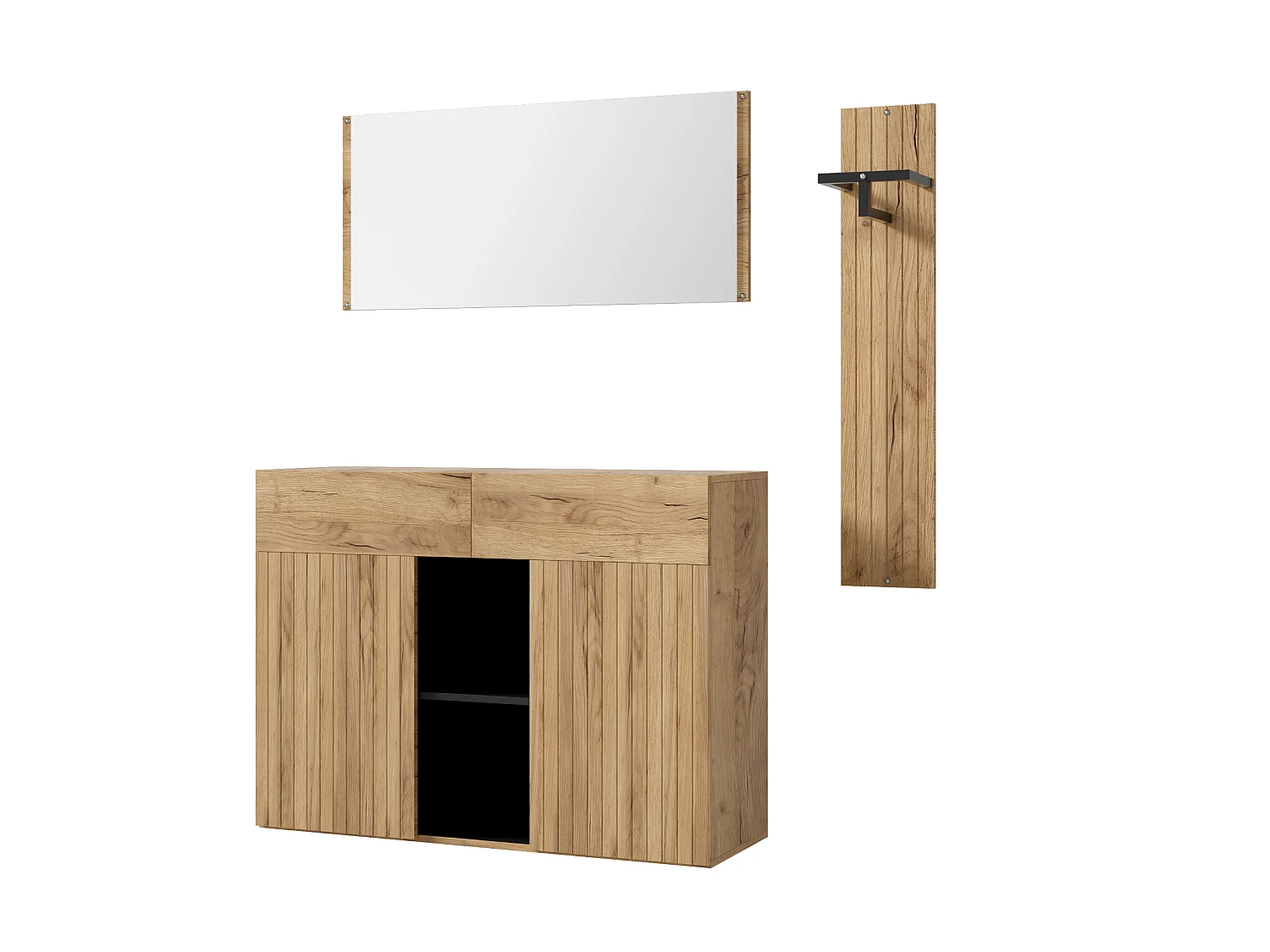 Skoskab med spejl, bøjlestang, 2 døre og 2 skuffer - MDF og spånplade - 125 x 35 x 178 cm - Natur og sort