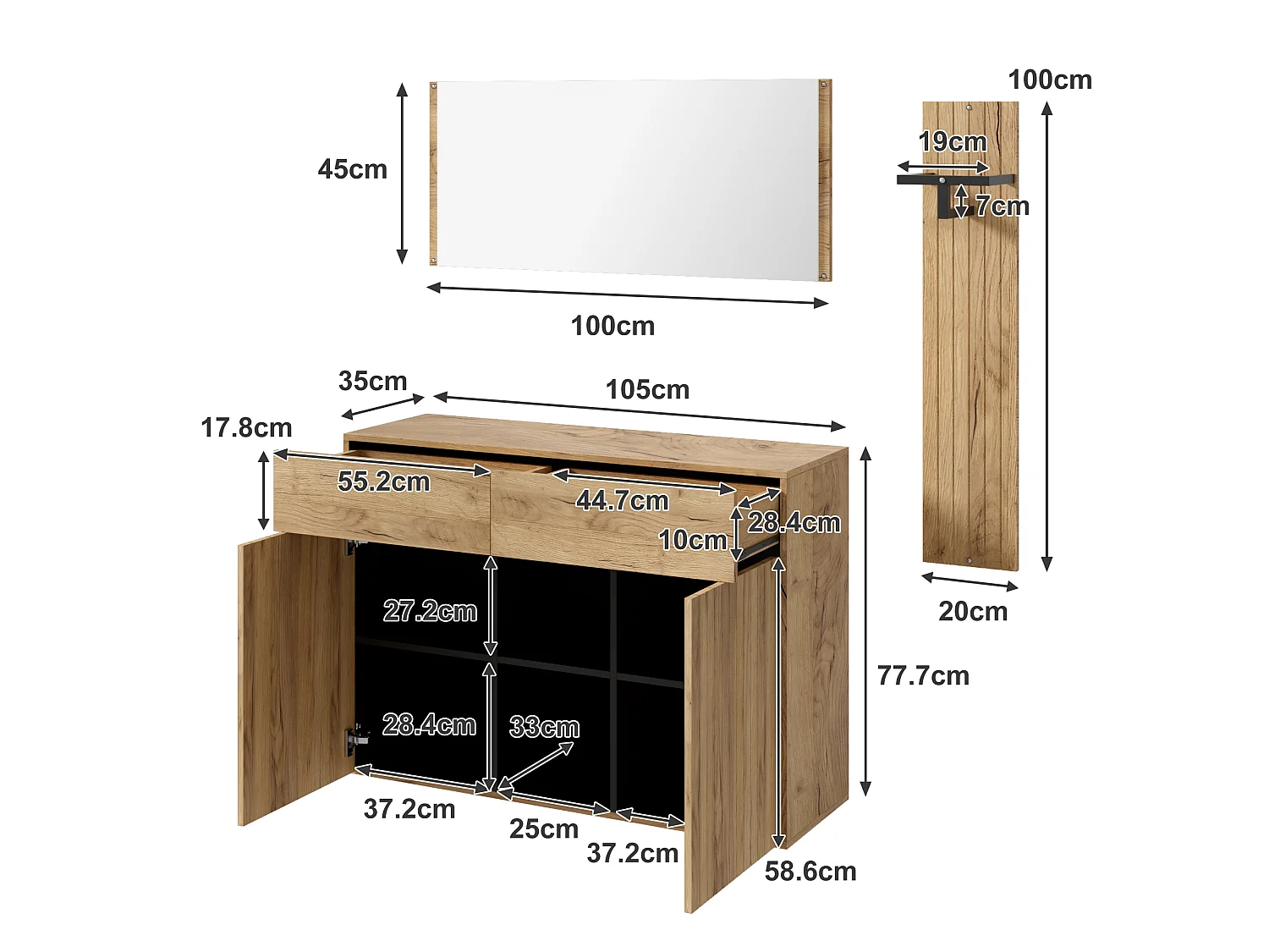 Skoskab med spejl, bøjlestang, 2 døre og 2 skuffer - MDF og spånplade - 125 x 35 x 178 cm - Natur og sort