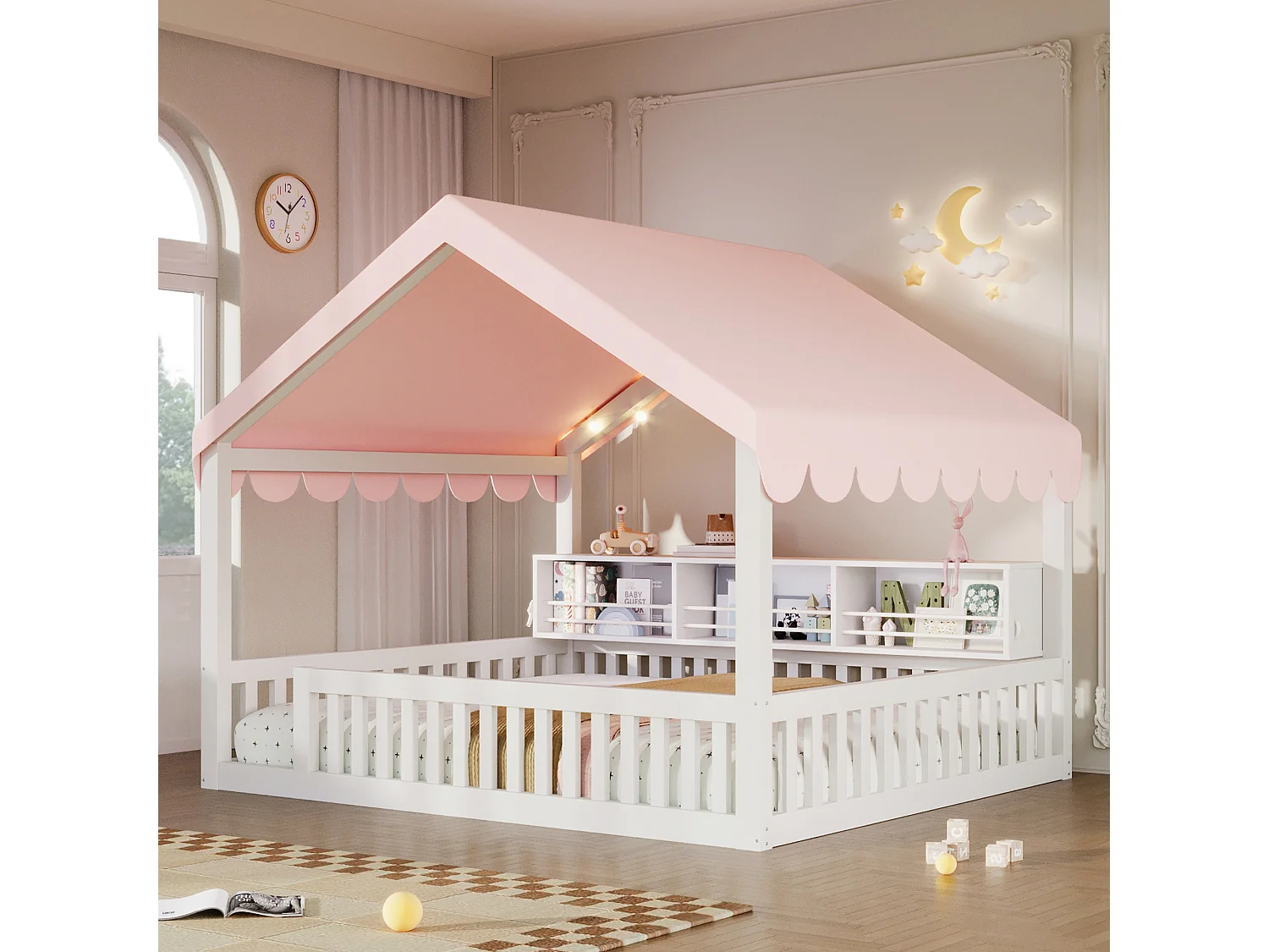 Lit cabane enfant 140 x 200 cm avec rideau, LED, étagère et barrière de sécurité - MDF et pin - Naturel (Sans matelas)