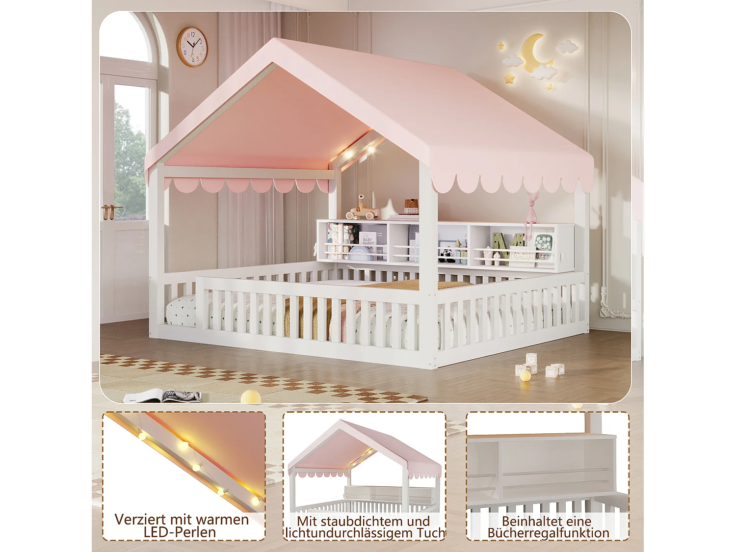 Lit cabane enfant 140 x 200 cm avec rideau, LED, étagère et barrière de sécurité - MDF et pin - Naturel (Sans matelas)