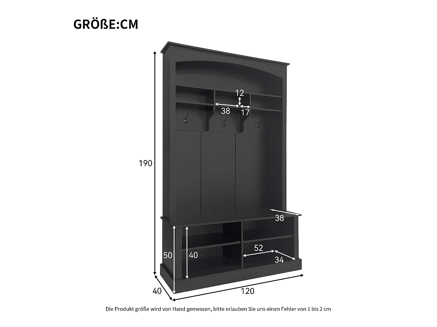 Scarpiera con panca, 3 ganci, vano porta scarpe e ripiani regolabili - MDF - 120 x 40 x 190 cm - Nero