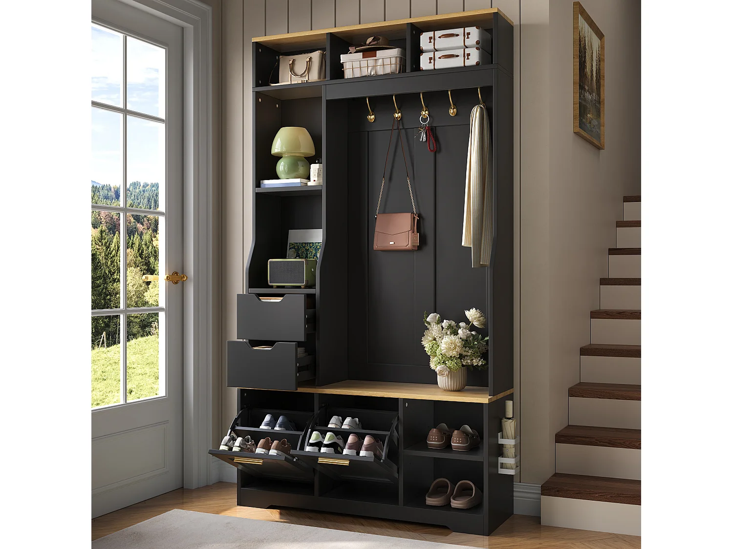 Meuble à chaussures avec banc, 2 portes rabattables, 2 tiroirs, 5 patères et LED - MDF et panneaux de particules - Noir