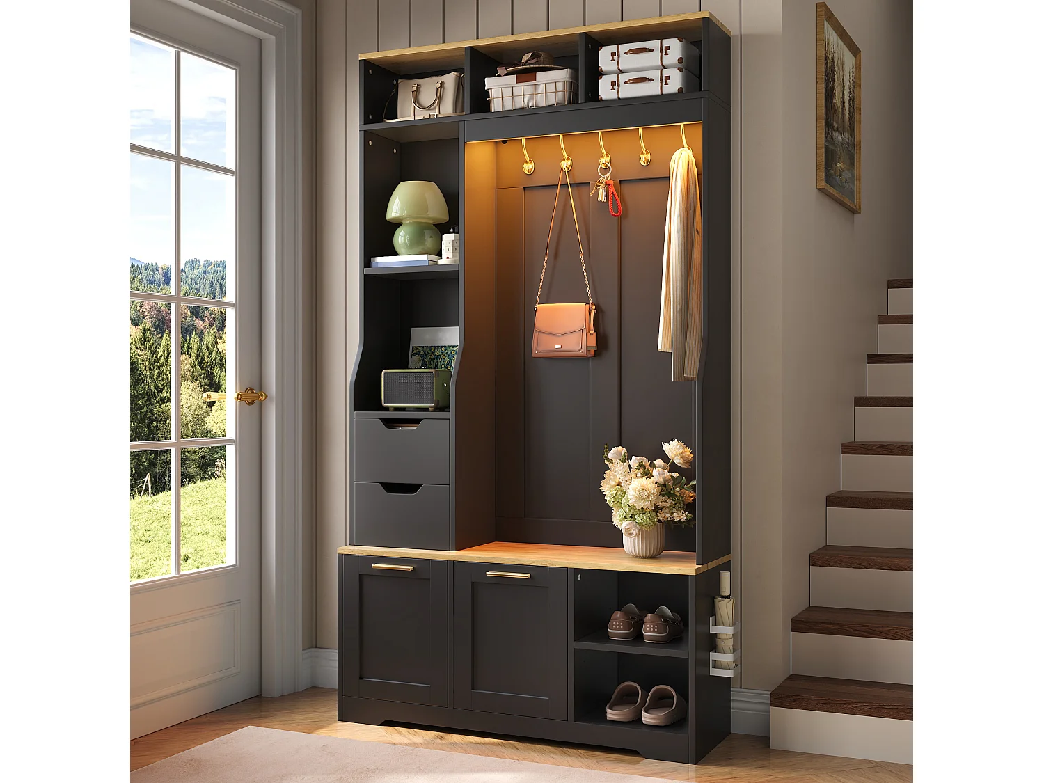 Meuble à chaussures avec banc, 2 portes rabattables, 2 tiroirs, 5 patères et LED - MDF et panneaux de particules - Noir