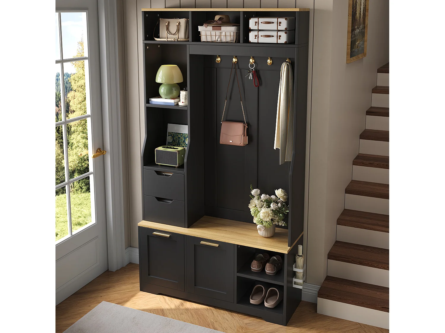Meuble à chaussures avec banc, 2 portes rabattables, 2 tiroirs, 5 patères et LED - MDF et panneaux de particules - Noir