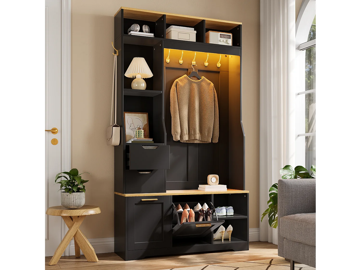 Meuble à chaussures avec banc, 2 portes rabattables, 2 tiroirs, 5 patères et LED - MDF et panneaux de particules - Noir