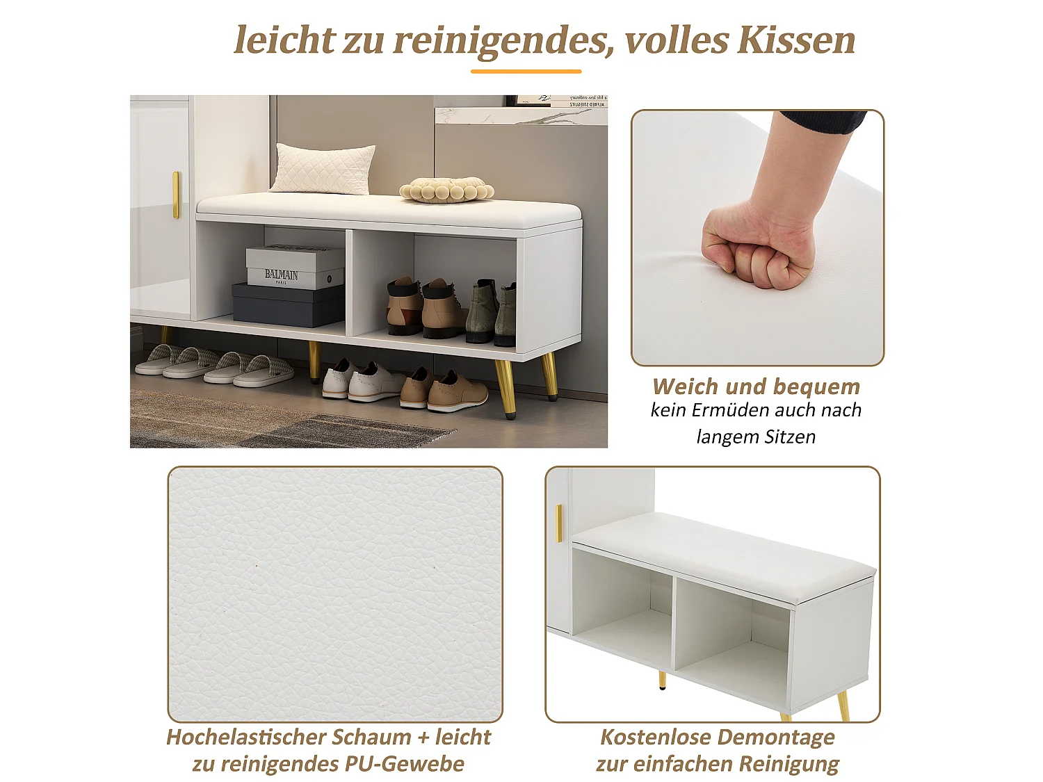 Schoenenbank met 1 deur en open opbergruimte - Spaanplaat en PU - 120 x 35 x 71,5 cm - Glanzend wit