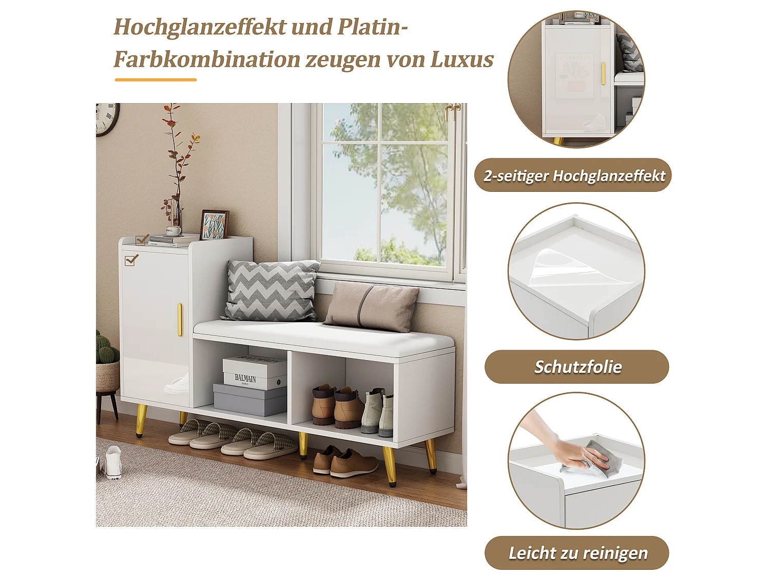 Schoenenbank met 1 deur en open opbergruimte - Spaanplaat en PU - 120 x 35 x 71,5 cm - Glanzend wit