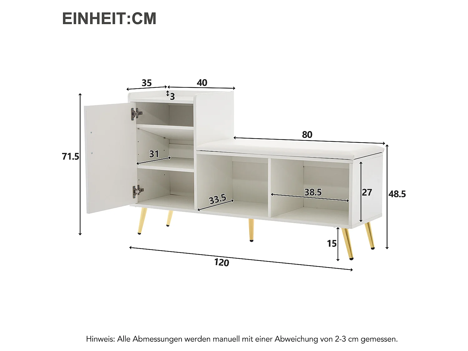 Schoenenbank met 1 deur en open opbergruimte - Spaanplaat en PU - 120 x 35 x 71,5 cm - Glanzend wit