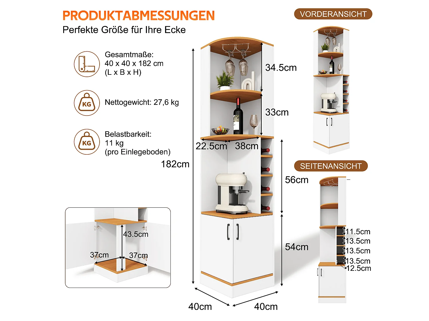 Køkkenskænk med 2 døre, glashylde, 4 flaskehylder, hylder og skab - MDF - 40 x 40 x 182 cm - Hvid