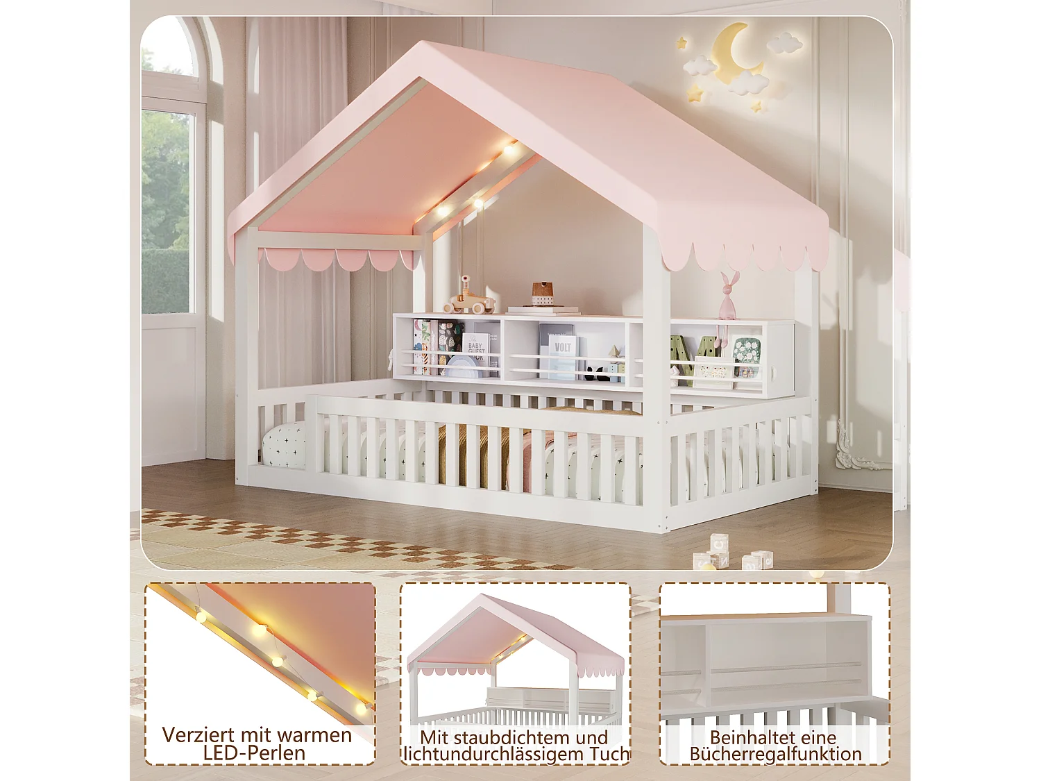 Lit cabane enfant 90 x 200 cm avec rideau, LED, étagère et barrière de sécurité - MDF et pin - Blanc (Sans matelas)