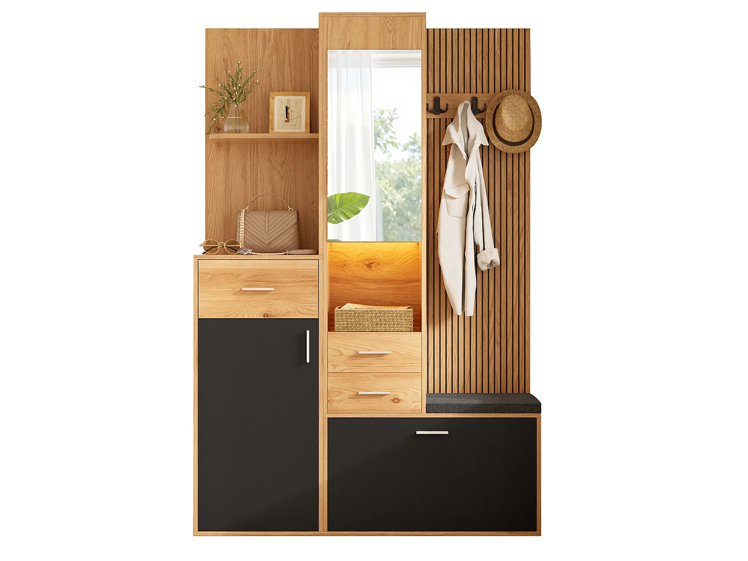 Scarpiera con specchio, panca, ganci, 2 ante, 3 cassetti e illuminazione a LED - MDF e truciolato - Nero e legno naturale