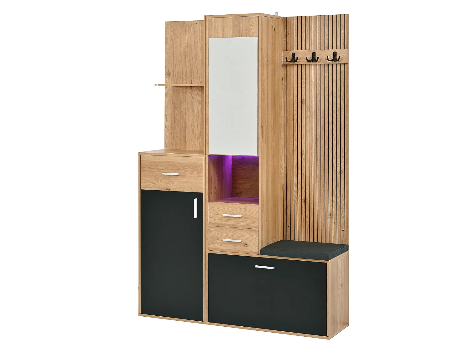 Scarpiera con specchio, panca, ganci, 2 ante, 3 cassetti e illuminazione a LED - MDF e truciolato - Nero e legno naturale