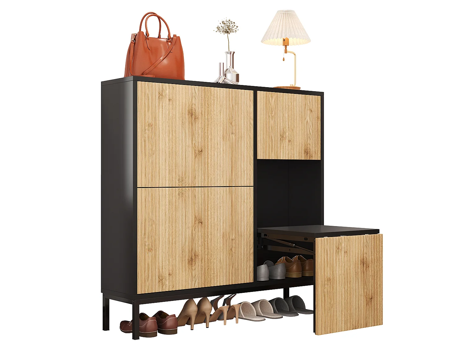 Scarpiera a 3 ante, panca scorrevole, 3 ante per 12-16 paia - MDF - 100 x 25 x 100 cm - Nero e legno naturale