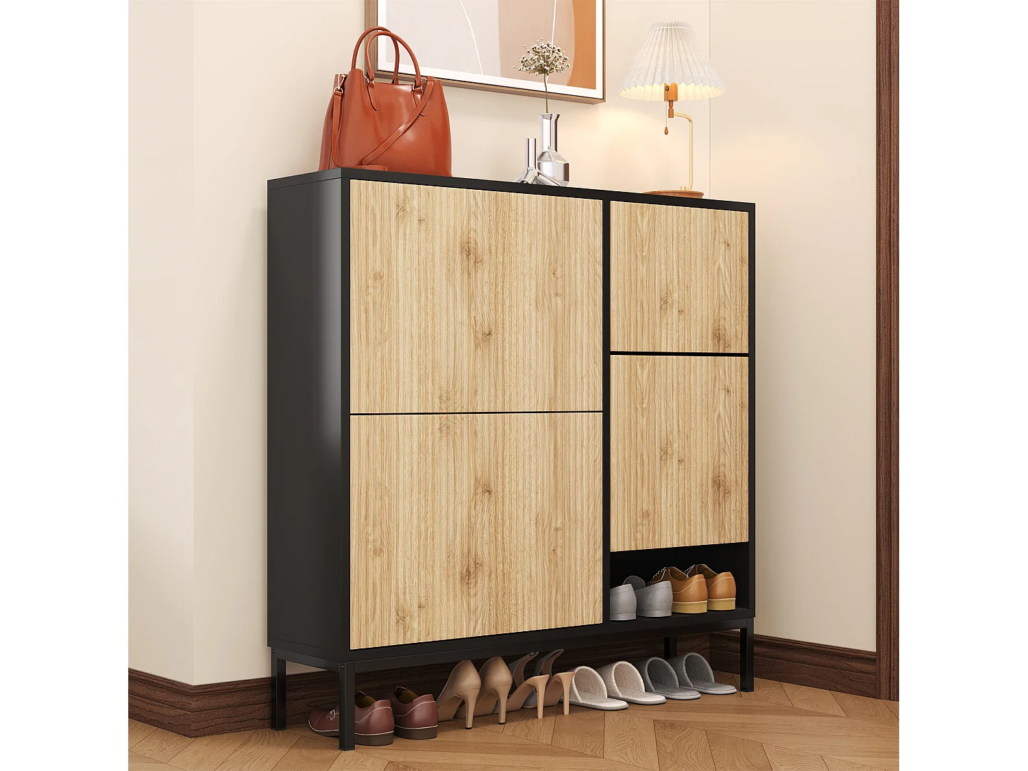 Scarpiera a 3 ante, panca scorrevole, 3 ante per 12-16 paia - MDF - 100 x 25 x 100 cm - Nero e legno naturale
