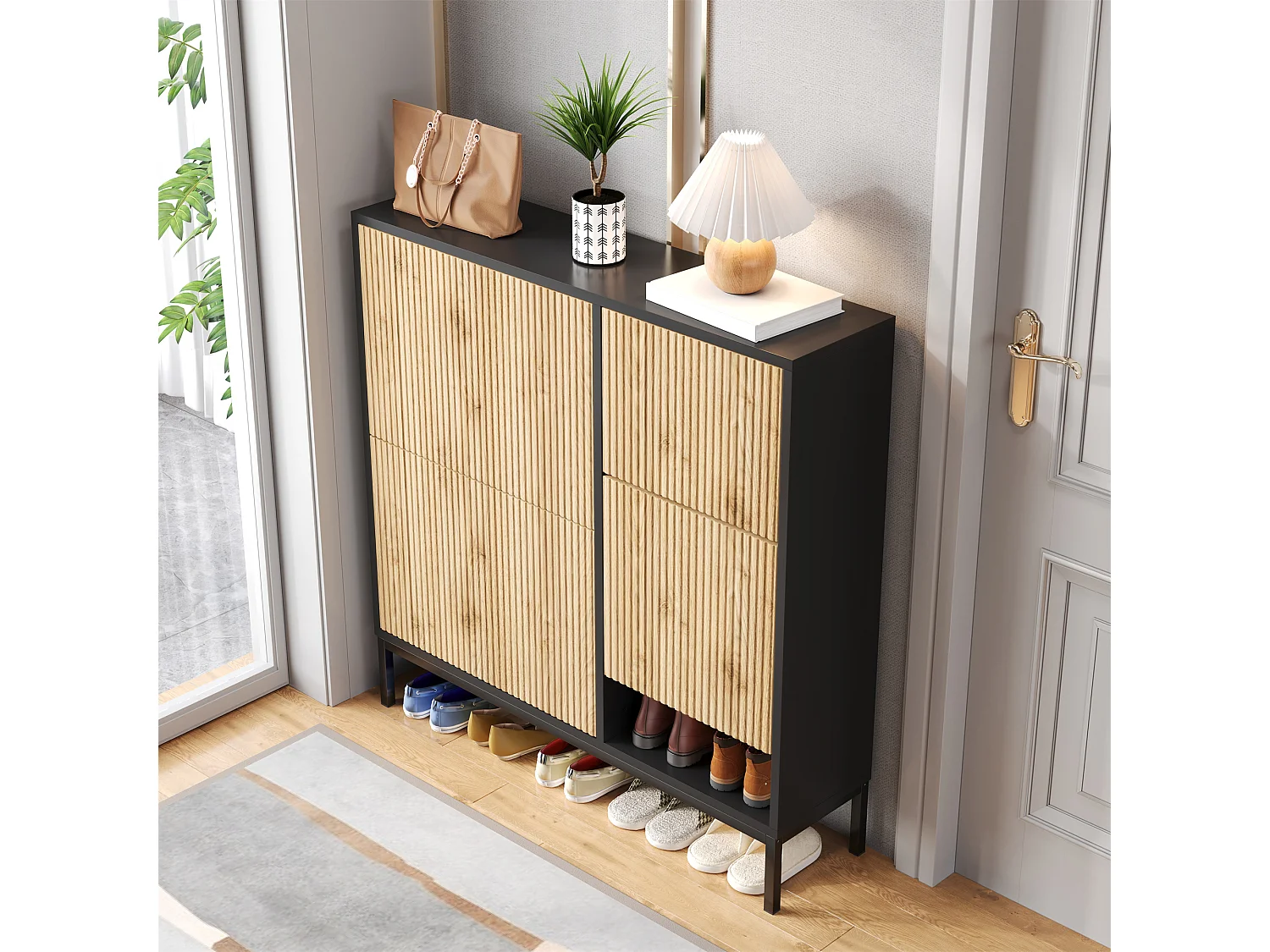 Scarpiera a 3 ante, panca scorrevole, 3 ante per 12-16 paia - MDF - 100 x 25 x 100 cm - Nero e legno naturale