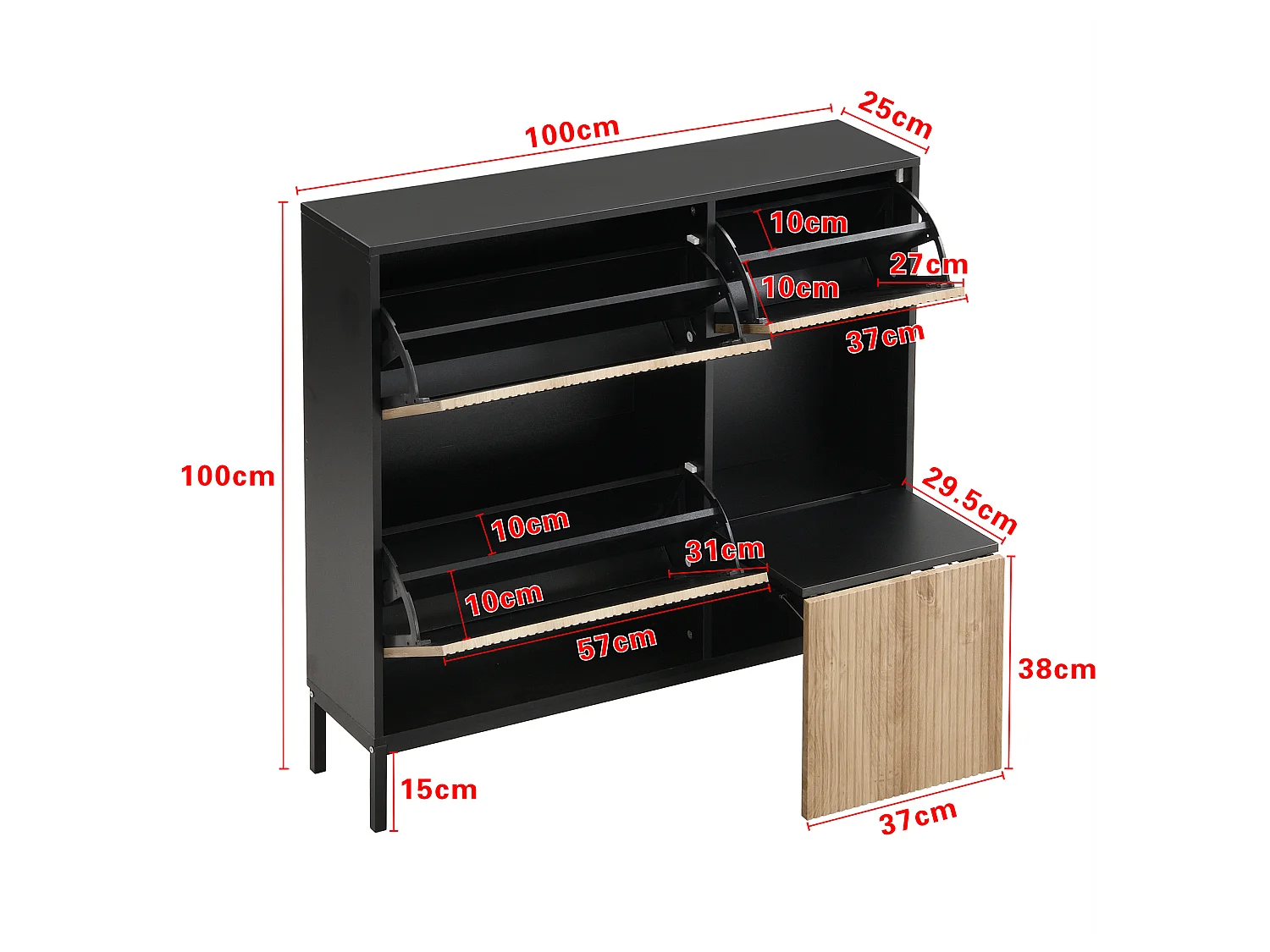 Scarpiera a 3 ante, panca scorrevole, 3 ante per 12-16 paia - MDF - 100 x 25 x 100 cm - Nero e legno naturale